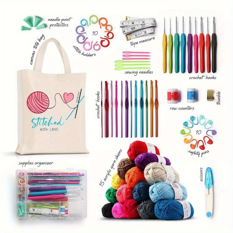 73 Piece Crochet Kit Crochet Hooks Knitting Needles Yarn Balls and Tote Bag Set