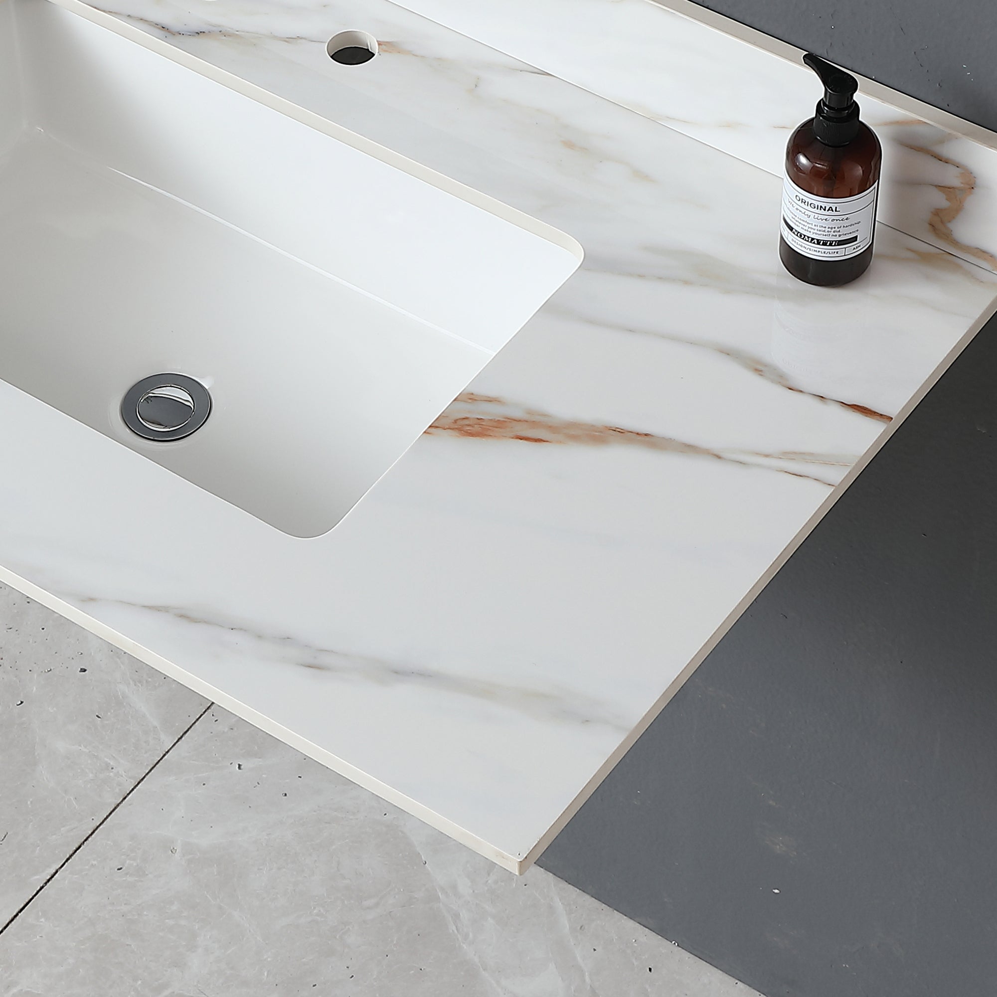 37 Inch Marble Vanity Top, Bathroom Vanity Top with Undermount Rectangular Middle Sink and 4" Height Backsplash, Pre-Drilled  Faucet Hole  Vanity Top, Carrara white with veins