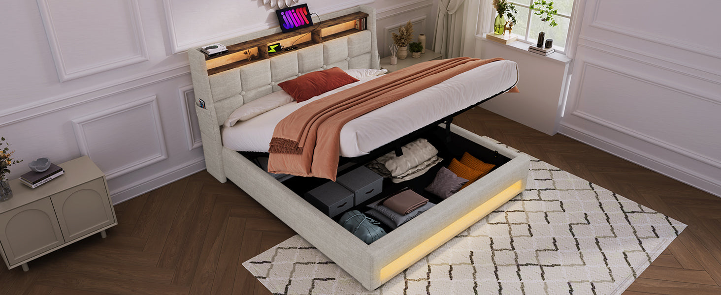 Queen size Upholstered Platform bed with a Hydraulic Storage System, LED and USB Charging, Natural (without mattress)