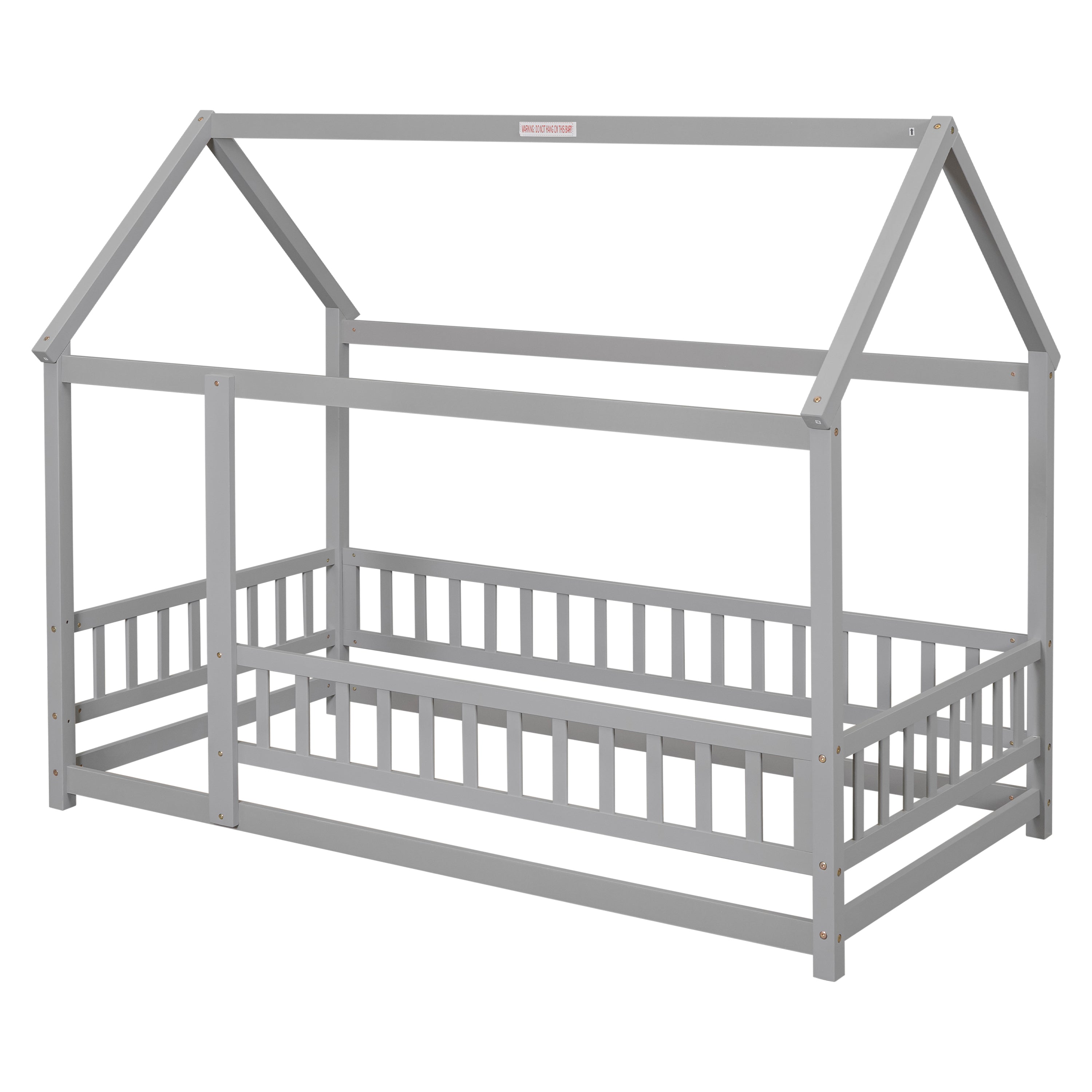 Twin Size Floor Wooden Bed with House Roof Frame, Fence Guardrails,Grey(Old SKU:W1791106614)