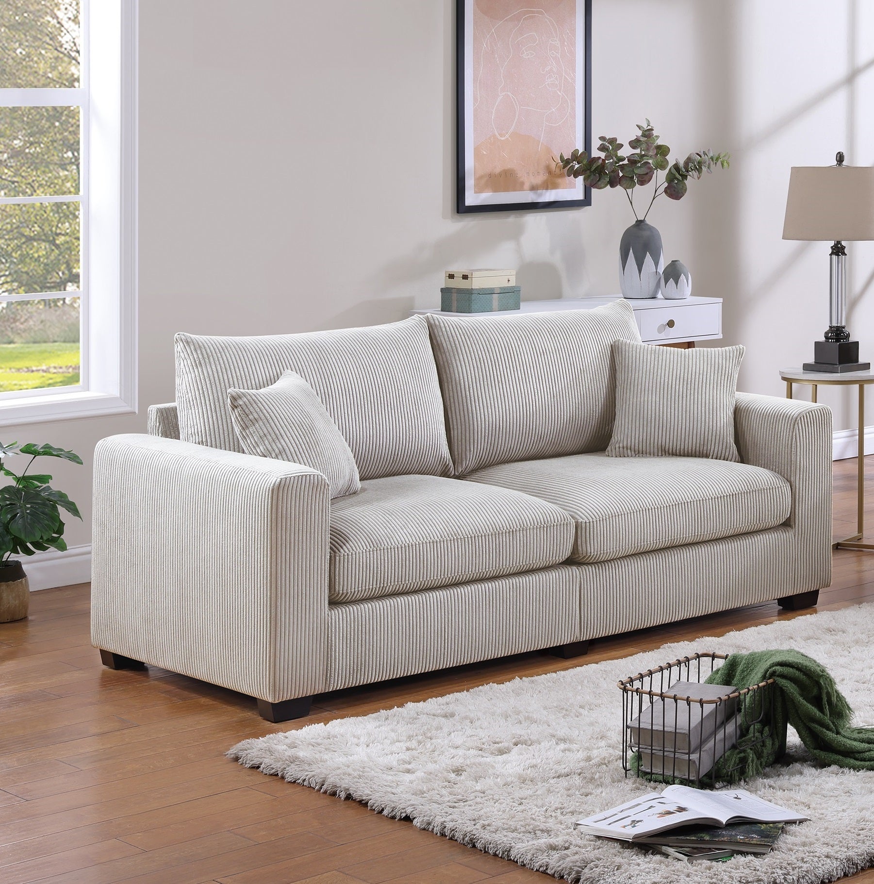 Classic Living Room 2pc Sofa Set Ivory Corduroy Sofa And Loveseat w Pillows Square Arms Plush Couch