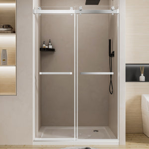 Frameless double sliding shower door 44-48 inch brushed nickel front view