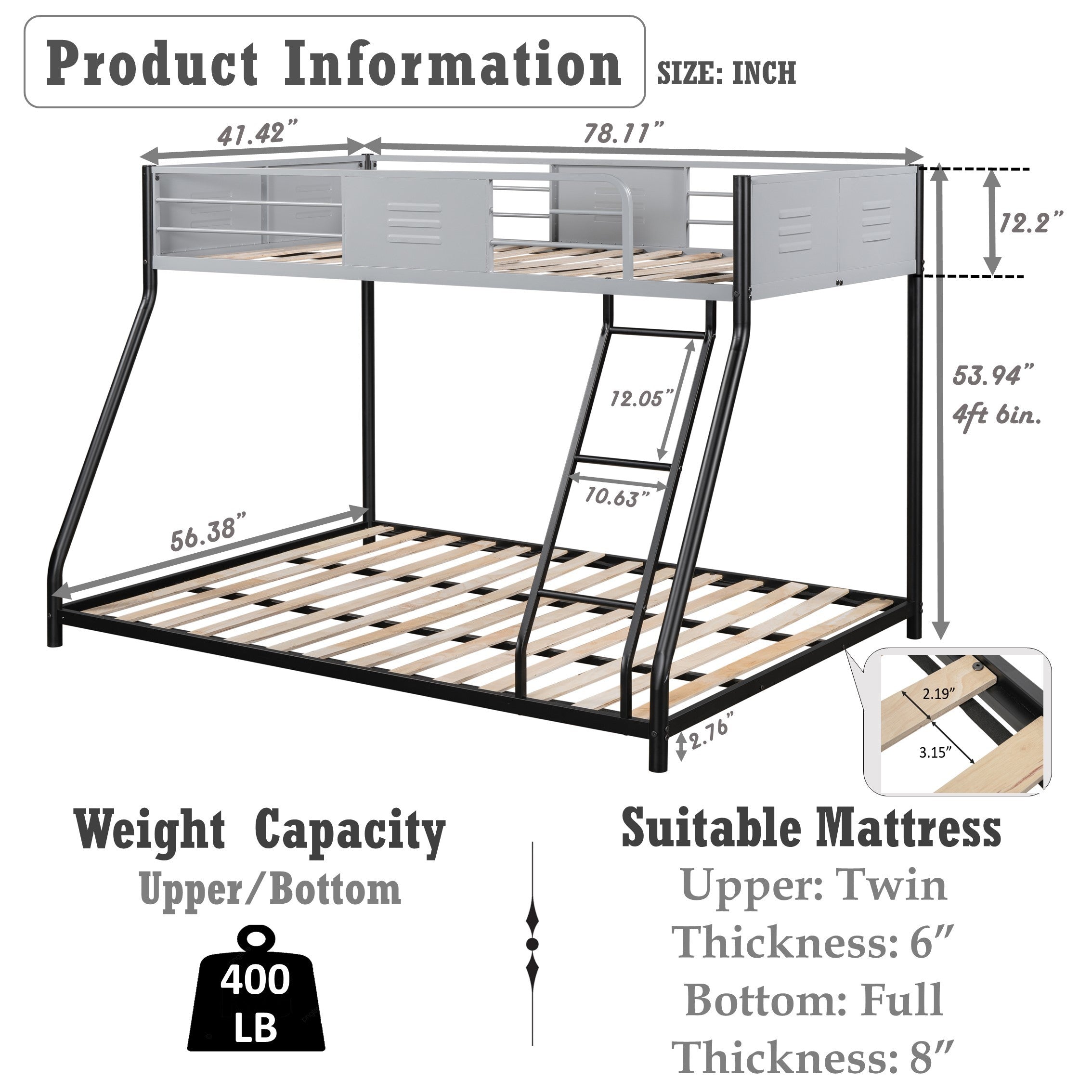 Metal Twin over Full Bunk Bed/ Heavy-duty Sturdy Metal/ Noise Reduced/ Safety Vent Board Guardrail/ CPC Certified/ No Box Spring Needed