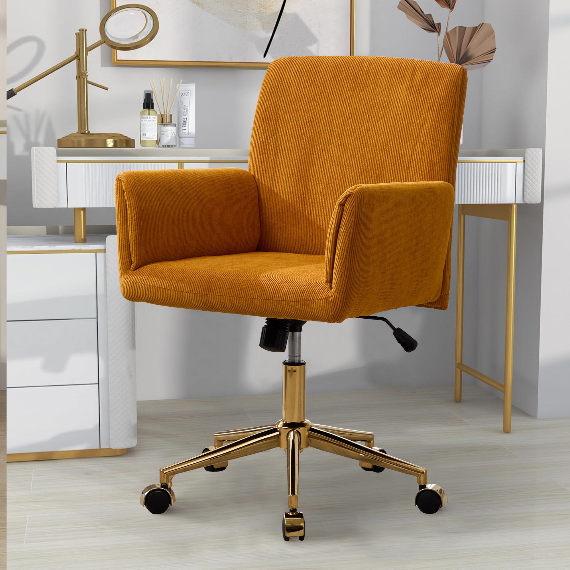 TS Corduroy home decor office desk and chair, modern height adjustable 360 ° armchair with gold base, ergonomic computer chair, leisure chair 1pc Yellow