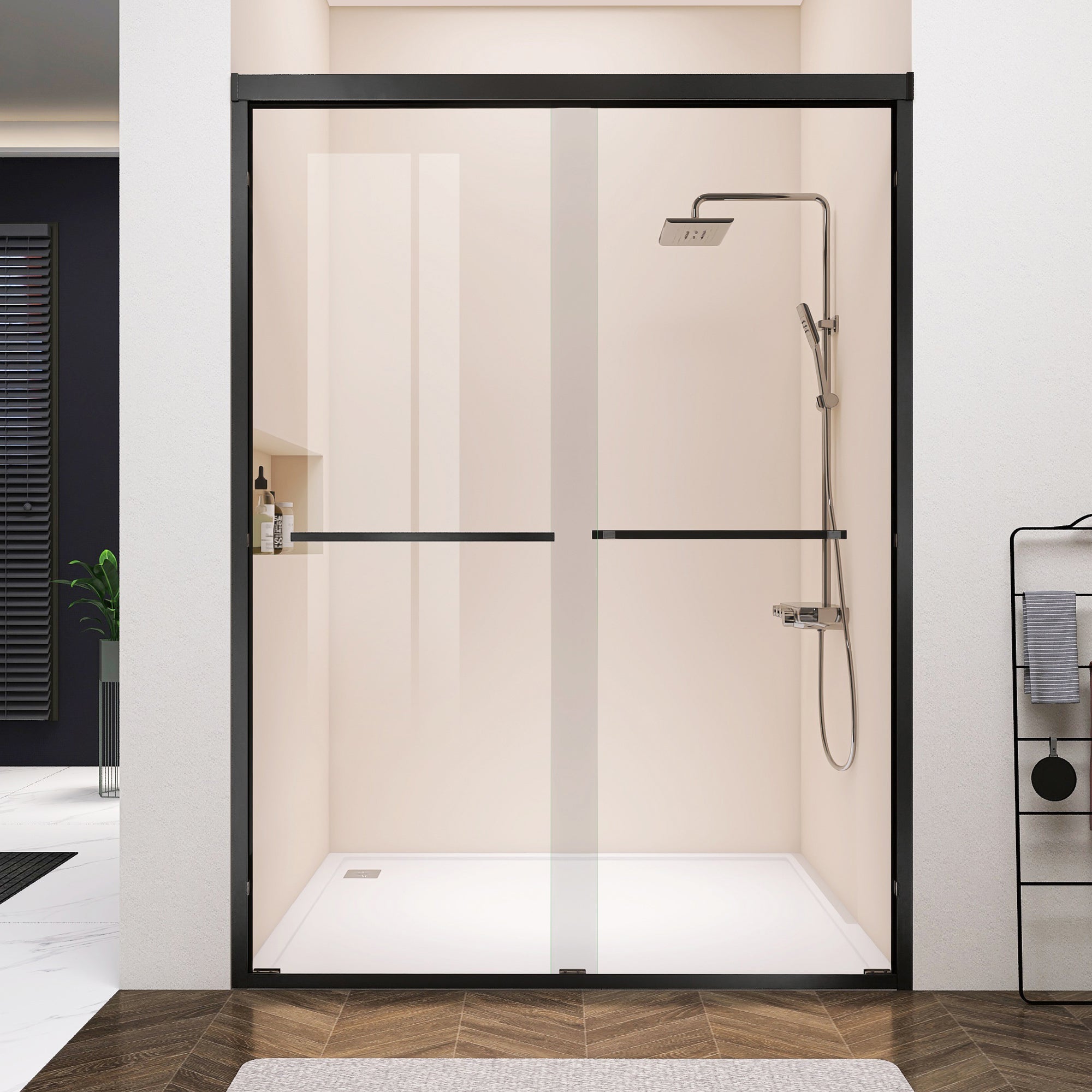 60"W x 76"H Sliding Framed Shower Door in Black Finish with Clear Glass