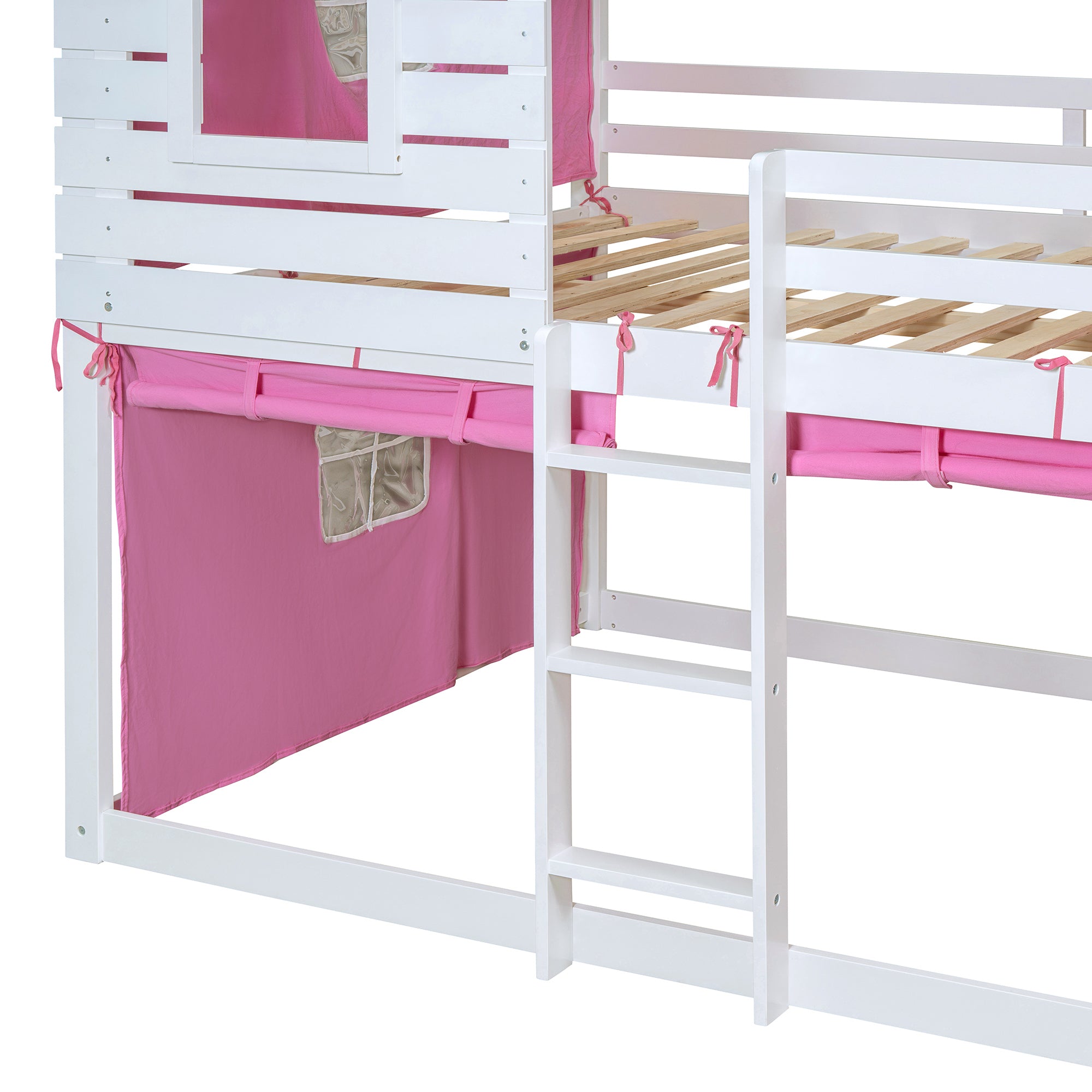 Full Size Bunk Wood House Bed with Tent, Pink+White