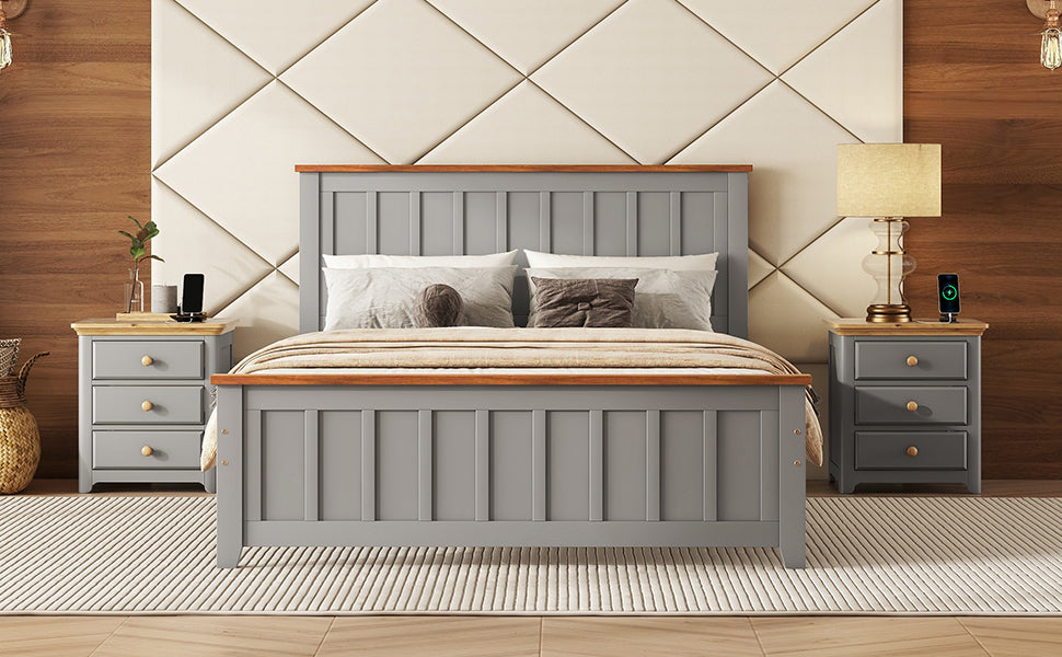 Full Size Wood Platform Bed Wooden Slat Support, Vintage Simple Bed Frame with Rectangular Headboard and Footboard, Grey