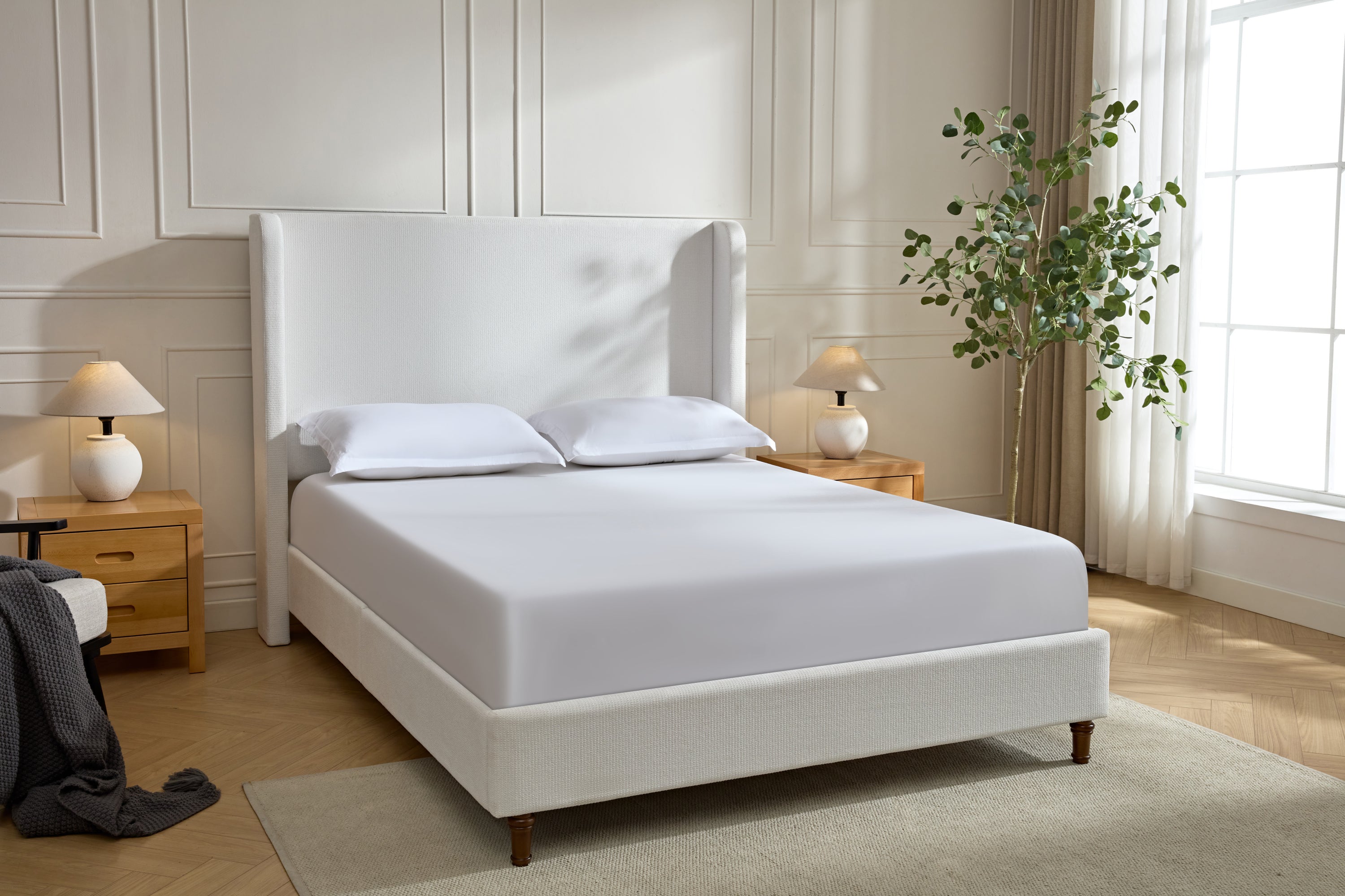 Harper Tall Headboard Upholstered Bed / 54" High Headboard / Elegant Simplicity  / No Box Spring Needed / Easy Assembly / Queen / Cream White Chenille