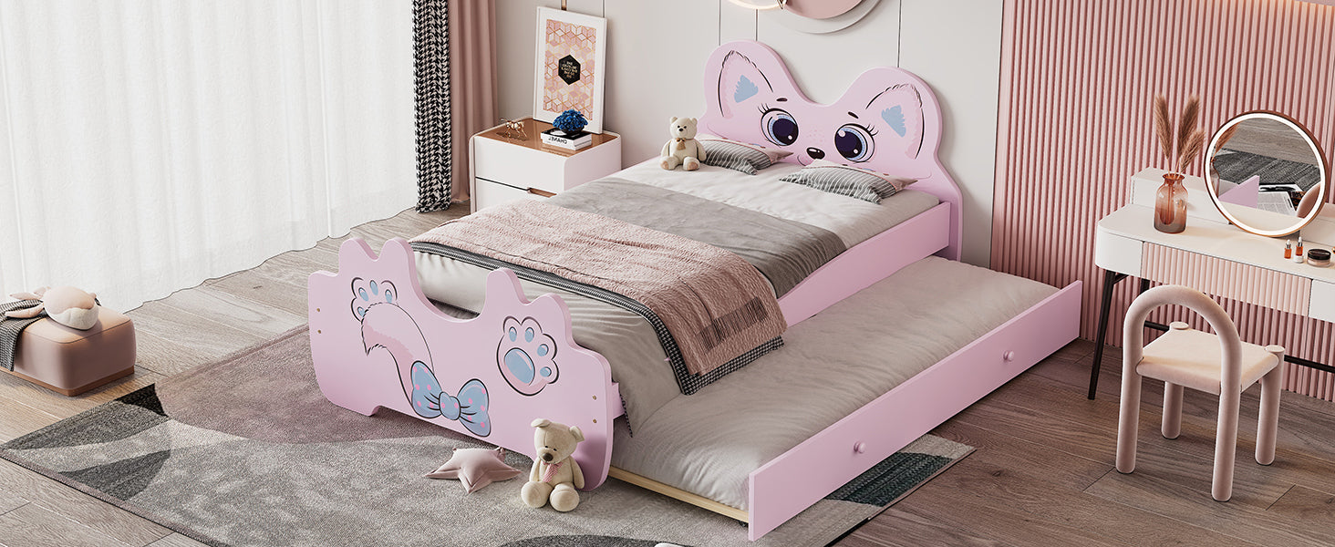 Cartoon Twin Size Platform Bed with Trundle, Pink