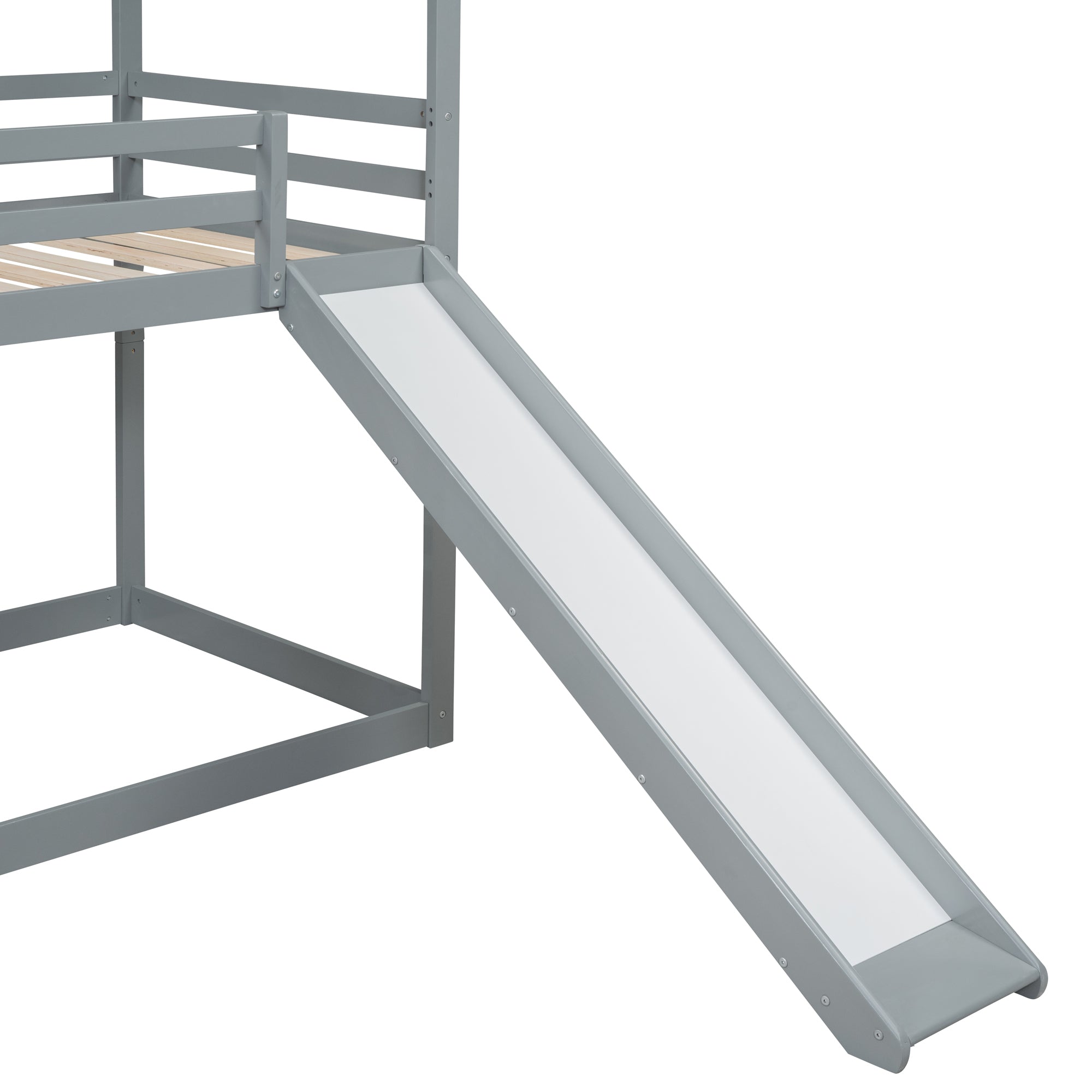 Twin Over Twin Bunk Bed with Roof, Slide and Ladder, Gray