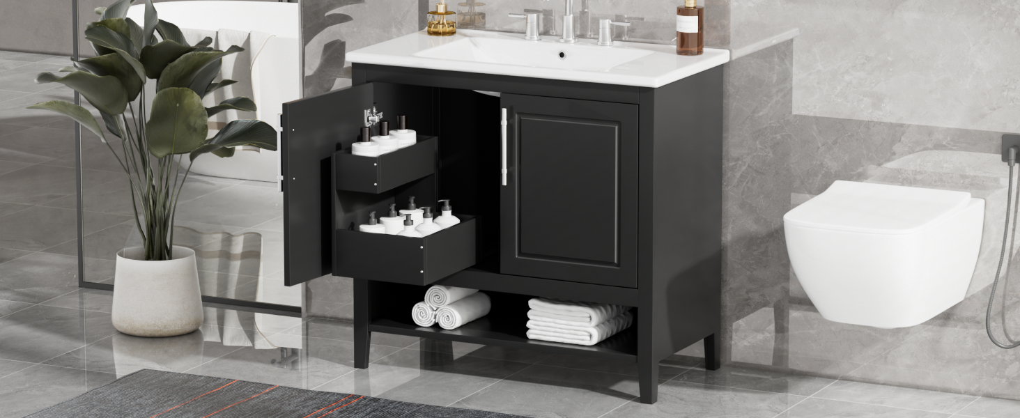 36" Bathroom Vanity with Sink, Multi-functional Bathroom Cabinet with Doors and Drawers, MDF Frame and MDF Board, Black