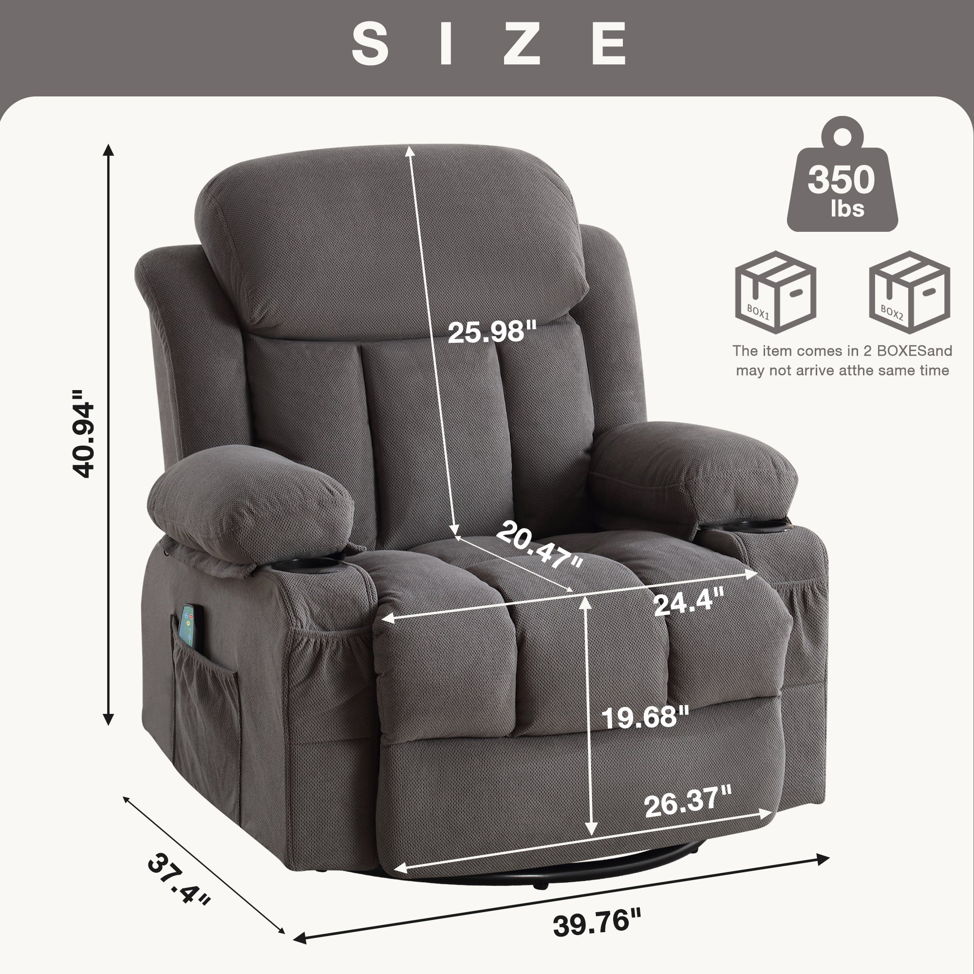 Swinging recliner massage heated sofa, with USB and 2 cup holders in side pockets, PackageA+B (GREY )