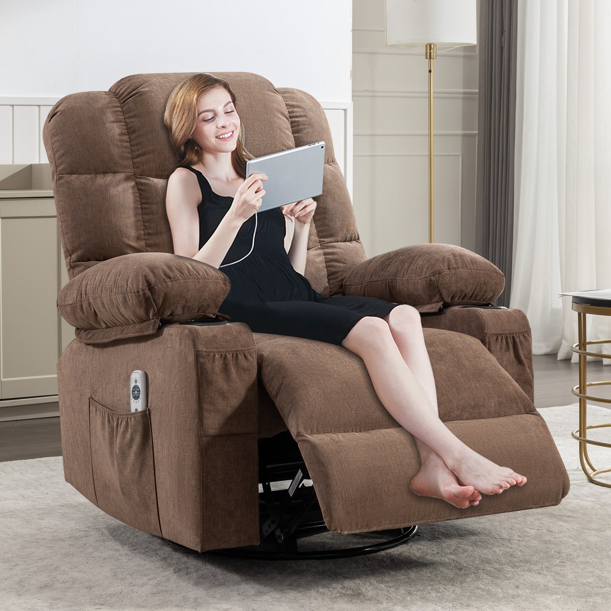 Massage Rocker Recliner Chair Rocking Chairs for Adults Oversized with 2 Cup Holders, USB Charge Port Soft Features a Manual Massage and Heat.(A+B)BROWN