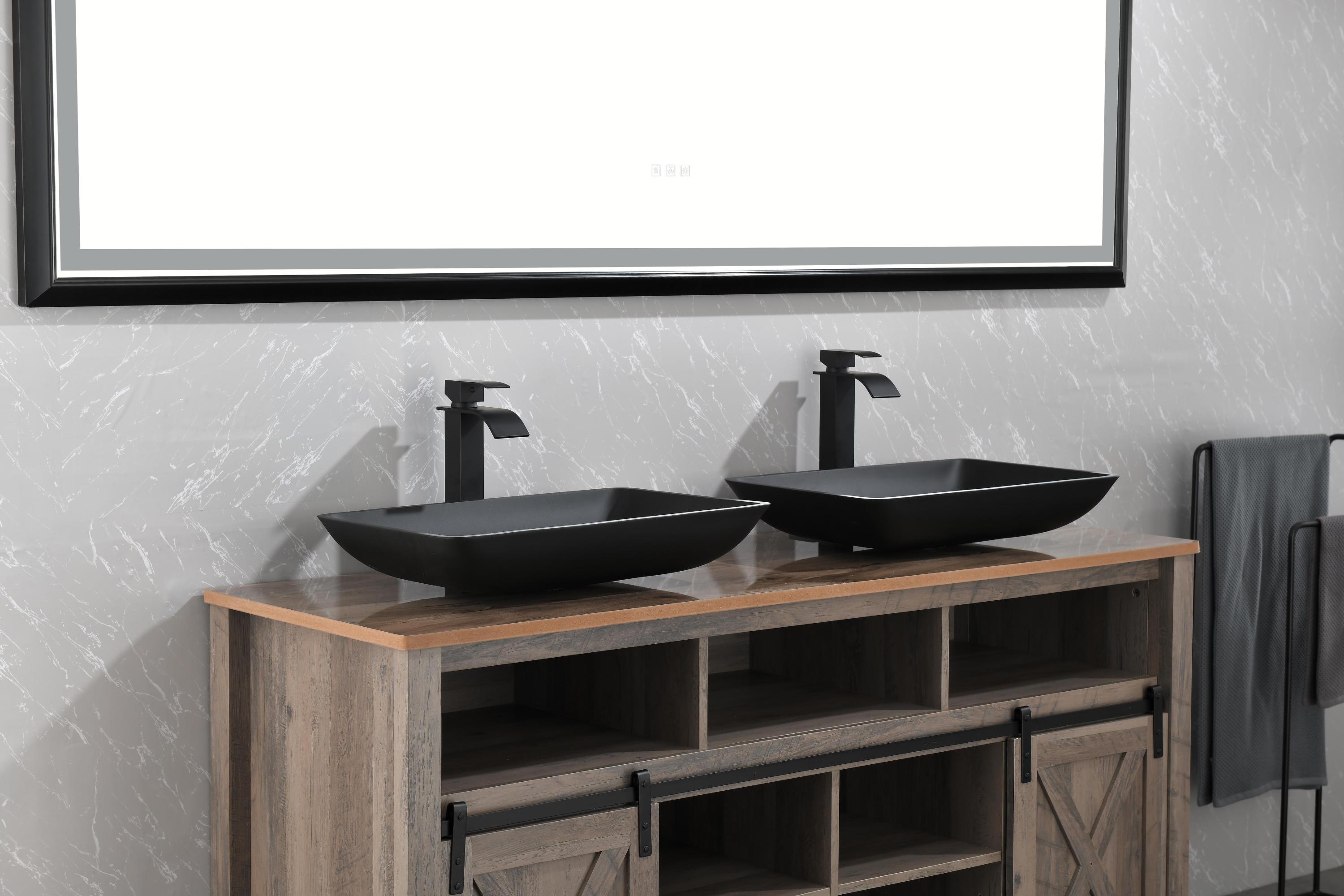 14.38" L -22.25" W -4-3/8 in. H Matte Shell  Glass Rectangular Vessel Bathroom Sink in Black with  Faucet and Pop-Up Drain in Matte Black