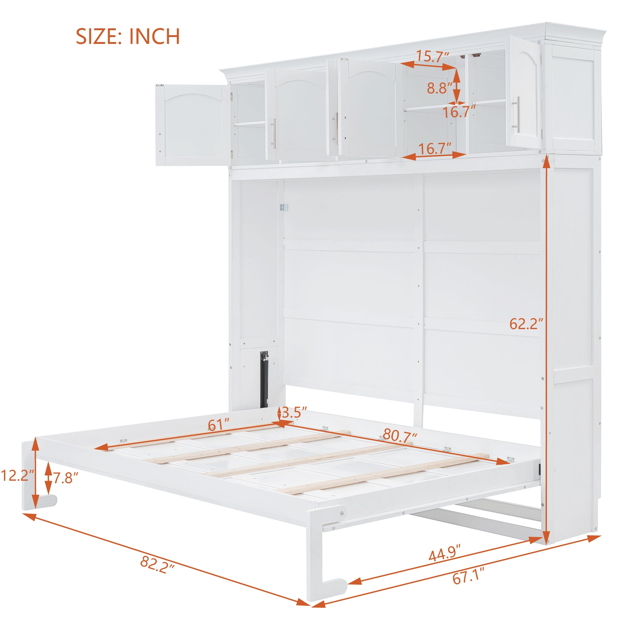 Queen Size Murphy Bed Wall Bed with Top Cabinets,White