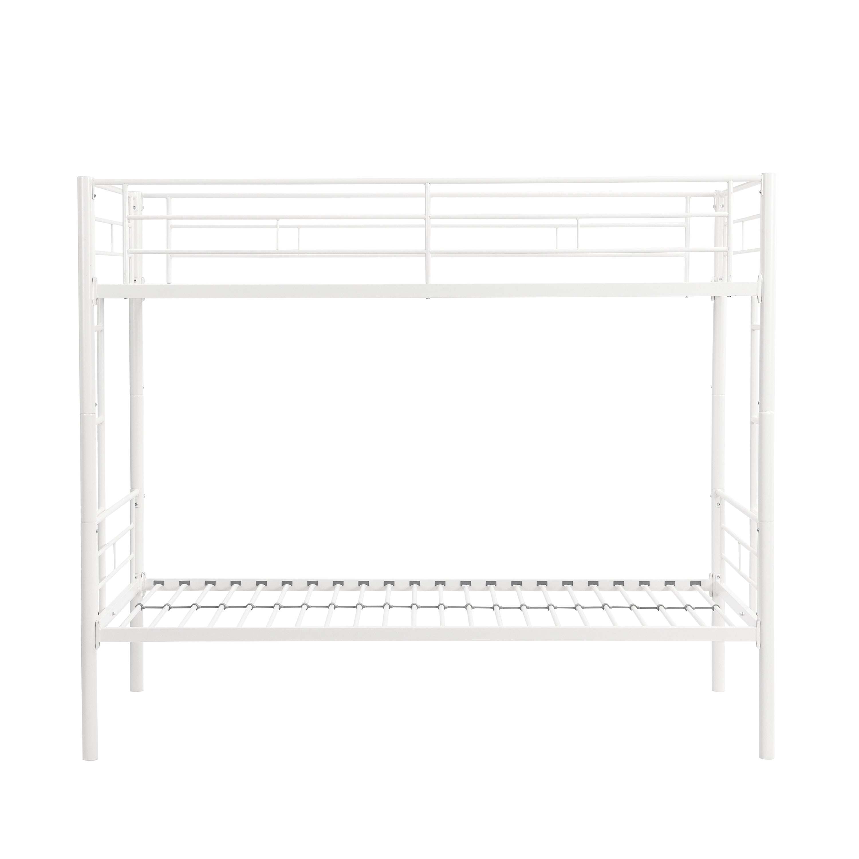 Twin Over Twin Metal Bunk Bed,Metal Structure Bedframe with Safety Guardrails and 2 ladders,Convertible Bunkbeds,No Spring Box Required and Space Saving Design,White