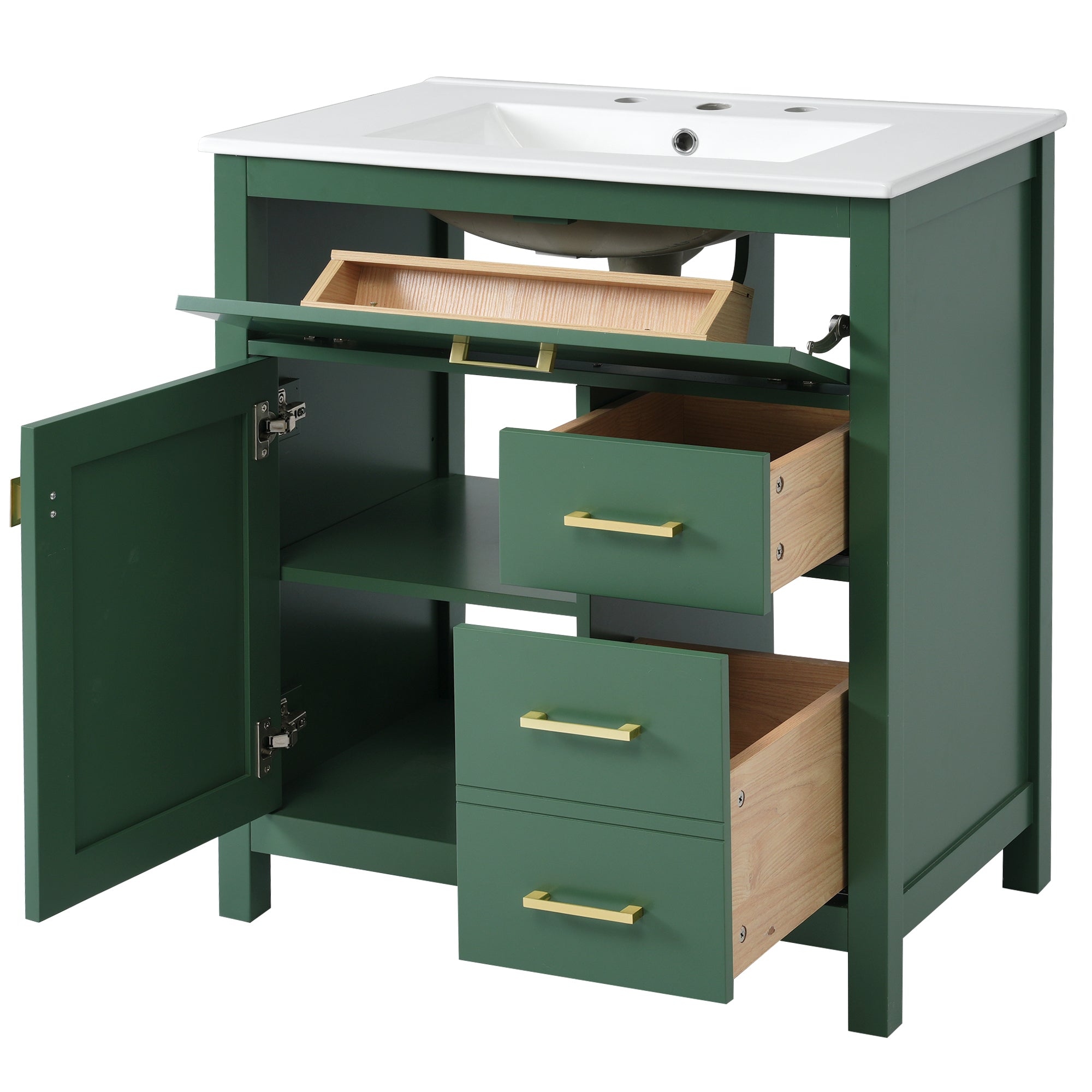 30-Inch Green Bathroom Vanity with Ceramic Sink and Ample Storage - Ideal Choice for Small Bathrooms