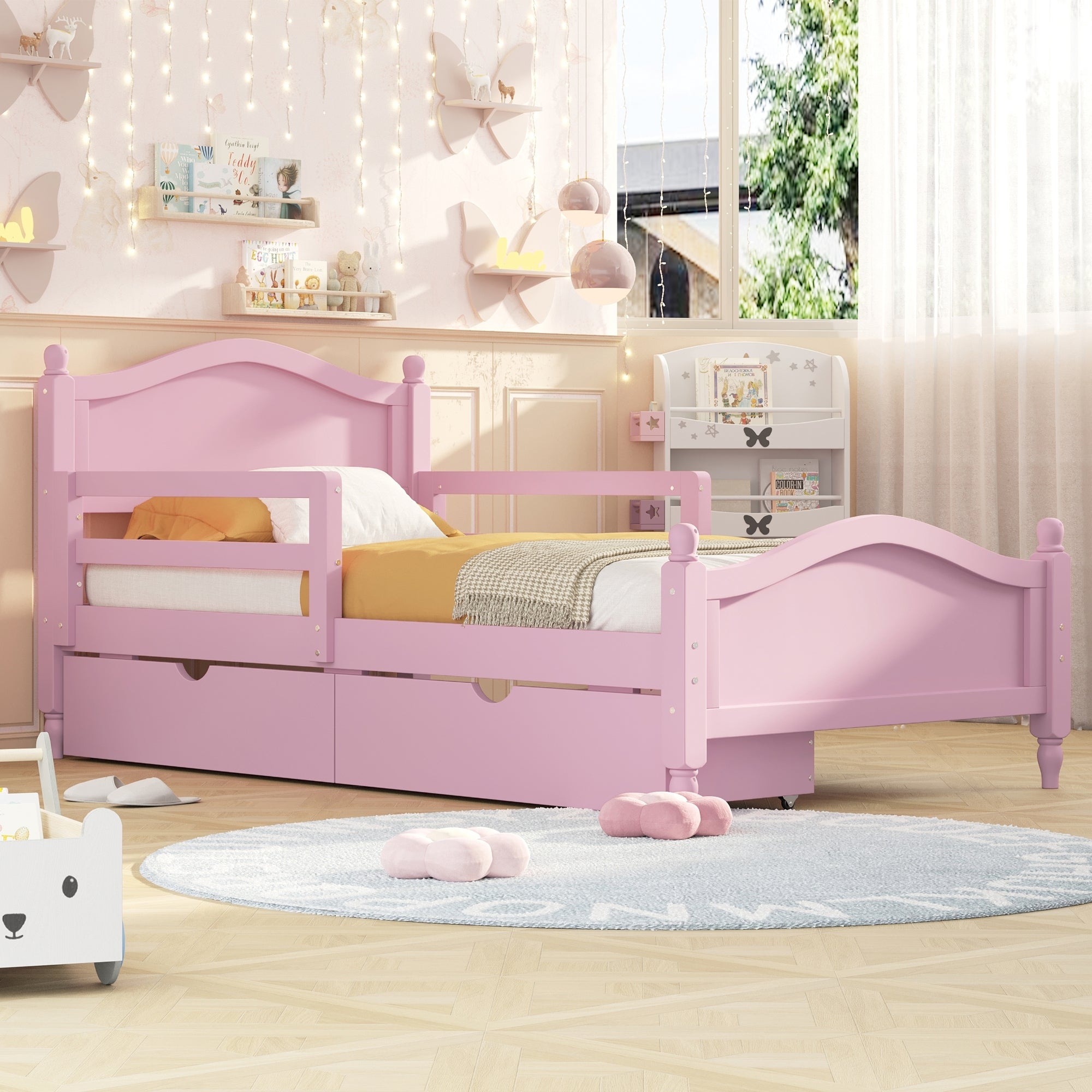 Twin Size Wood Platform Bed with Guardrails on Both Sides and Two Storage Drawers ,Pink