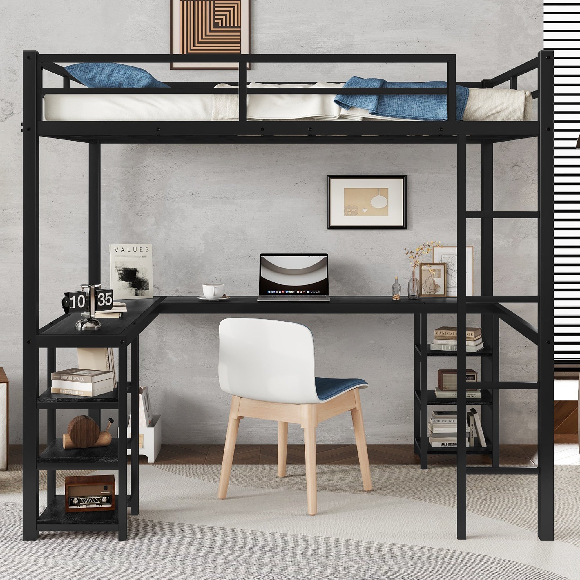 Full Metal Loft Bed with Desk and Shelves, Loft Bed with Ladder and Guardrails, Loft Bed Frame for Bedroom, Black with Black Desk