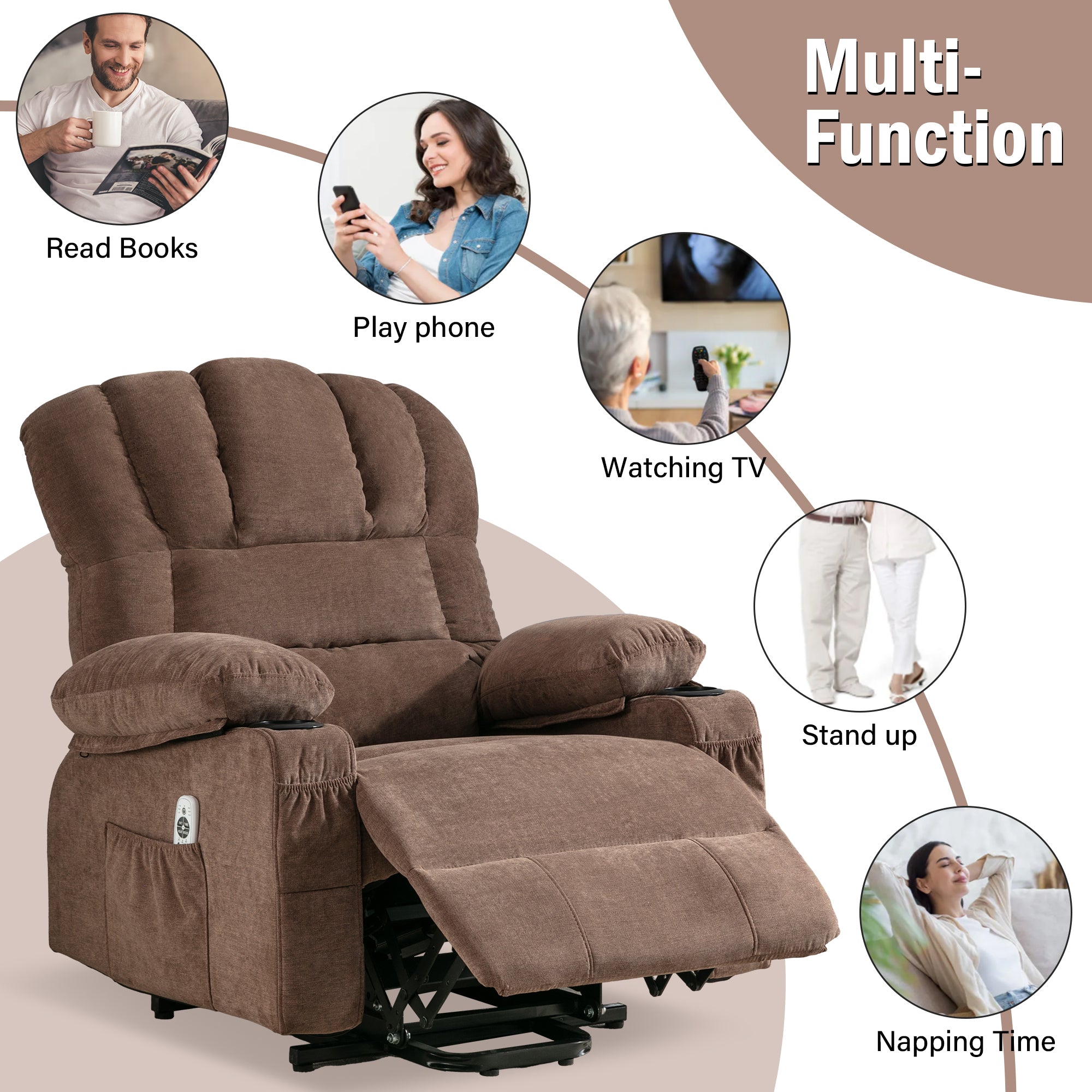 Power Lift Recliner Chair Recliners for Elderly with Heat and Massage Recliner Chair for Living Room with Infinite Position and Side Pocket,USB Charge Port.BROWN