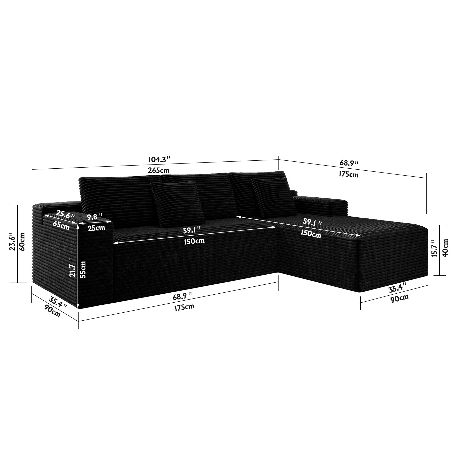 Black corduroy modular sectional sofa in living room setting
