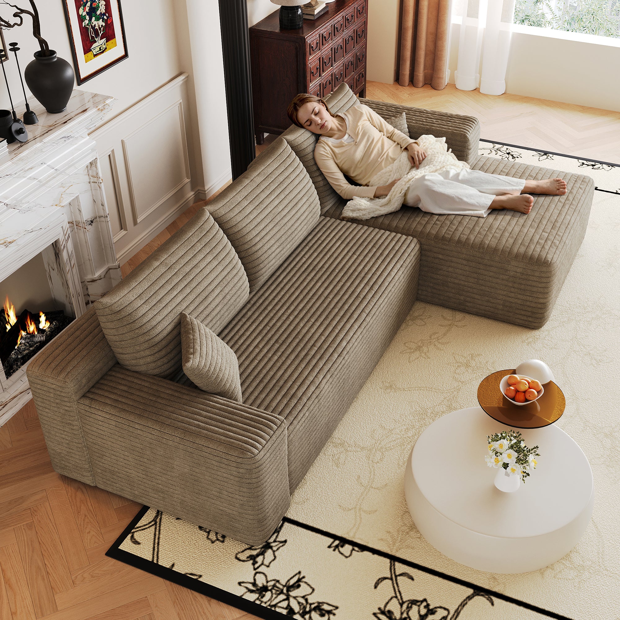 Camel corduroy sectional sofa plush fabric detail view