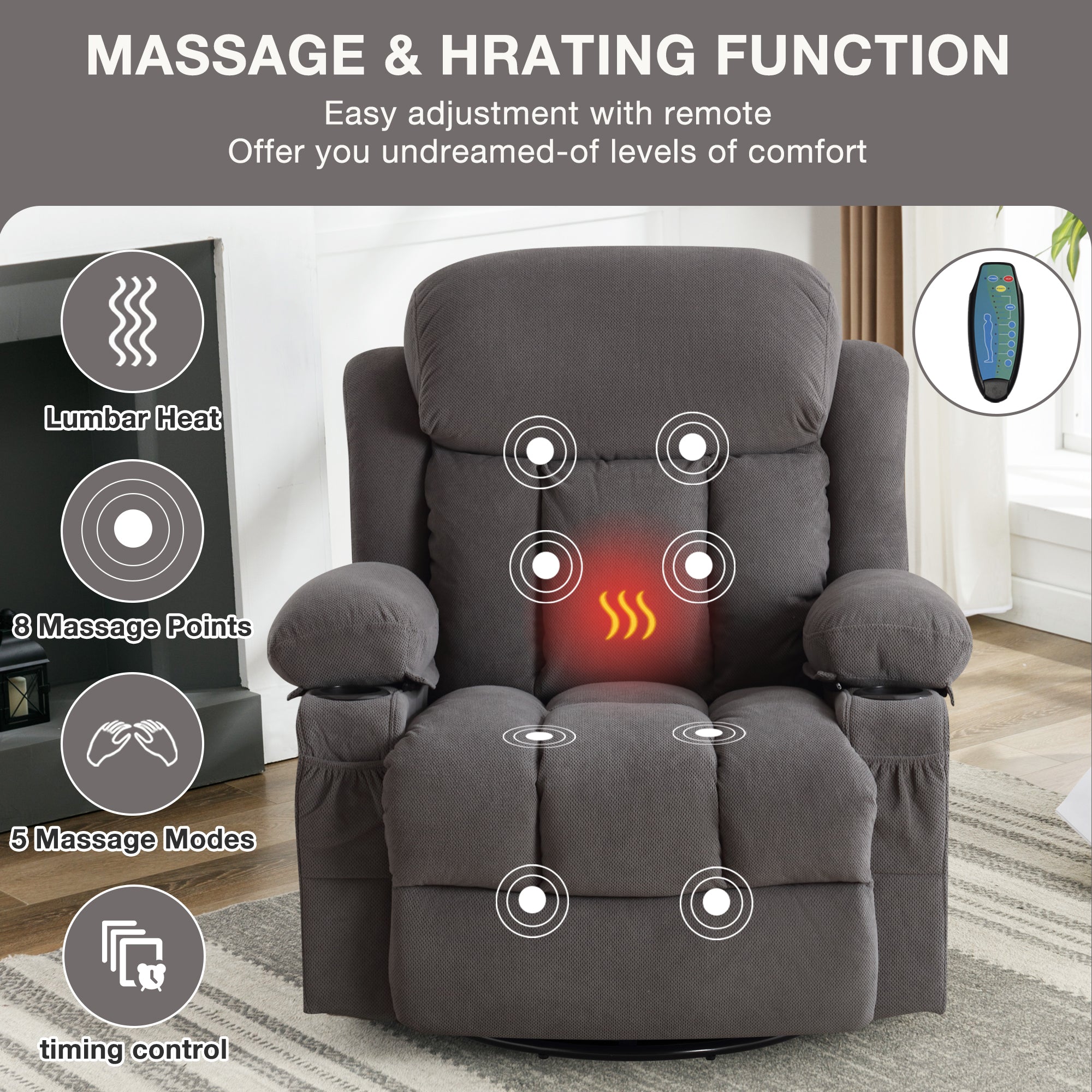 Swinging recliner massage heated sofa, with USB and 2 cup holders in side pockets, PackageA+B (GREY )