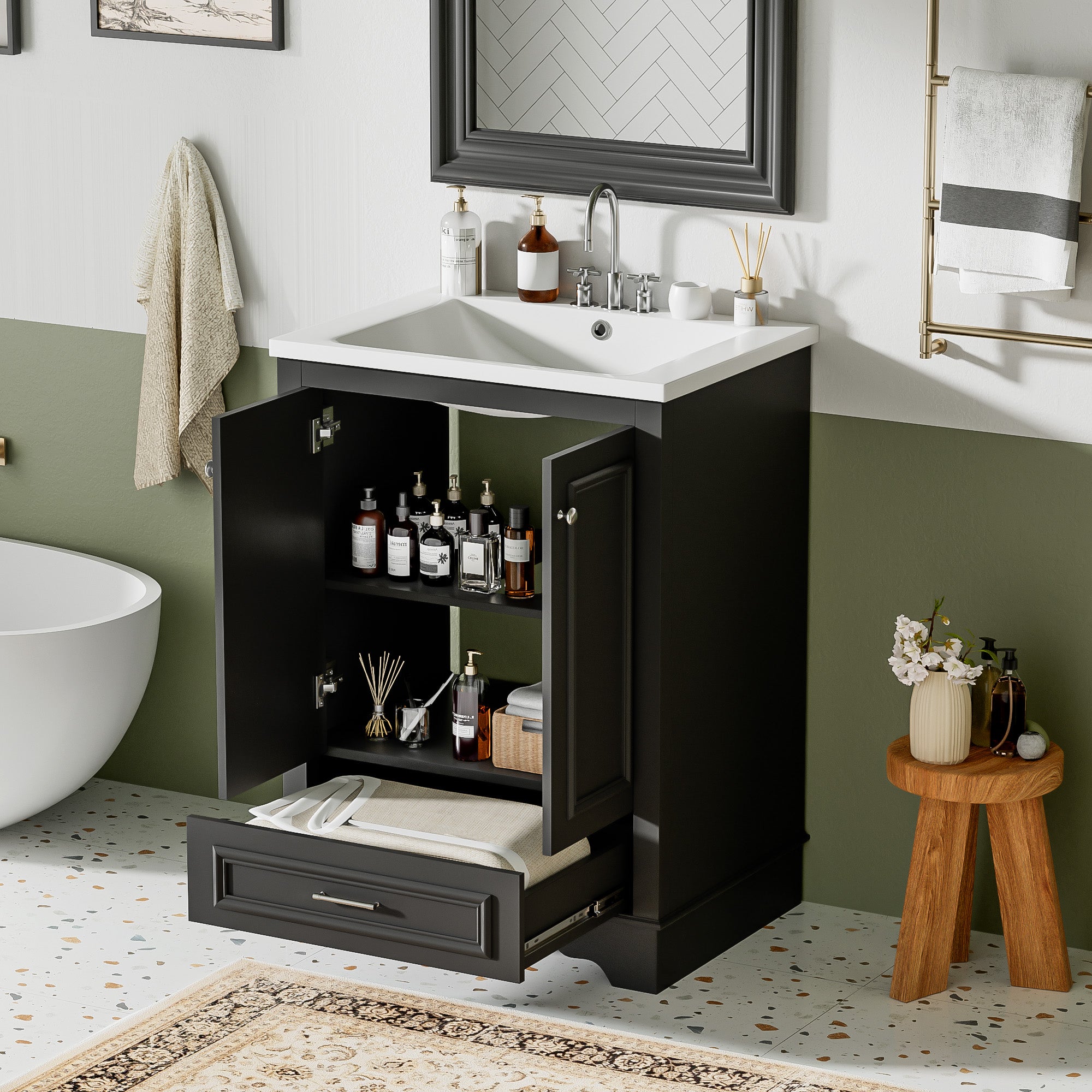 Modern freestanding bathroom vanity with silver handles, angled view