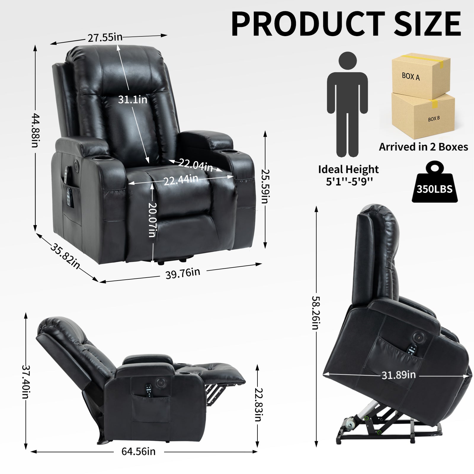 Infinite Position Up to 350 LBS Power Lift Recliner Chair for Elderly, Heavy Duty Motion Mechanism with 8-Point Vibration Massage and Lumbar Heating, USB Charging Port, Cup Holders, Black