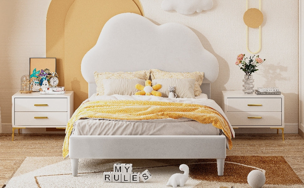 Twin Size Upholstered Cloud-Shape Bed ,Velvet Platform Bed with Headboard,No Box-spring Needed,Beige