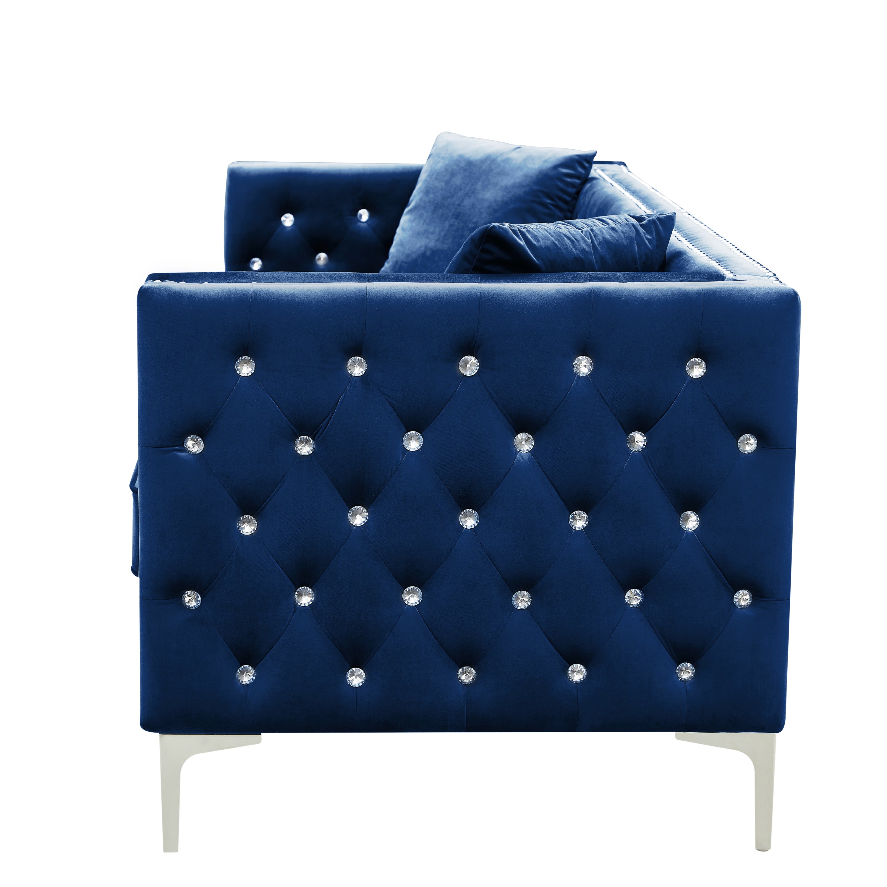 82.3" Width Modern Velvet Sofa Jeweled Buttons Tufted Square Arm Couch Blue,2 Pillows Included