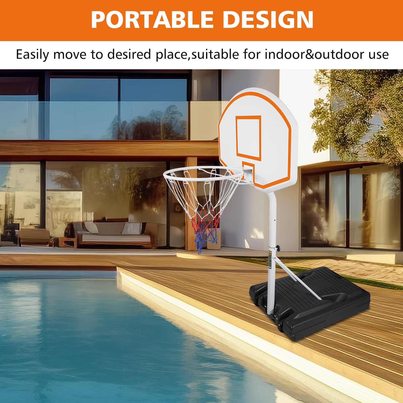 Poolside Basketball Hoop Portable Swimming Pool Basketball System Height Adjustable 3.1ft-4.7ft with 36" Backboard for Indoor Outdoor Use Orange