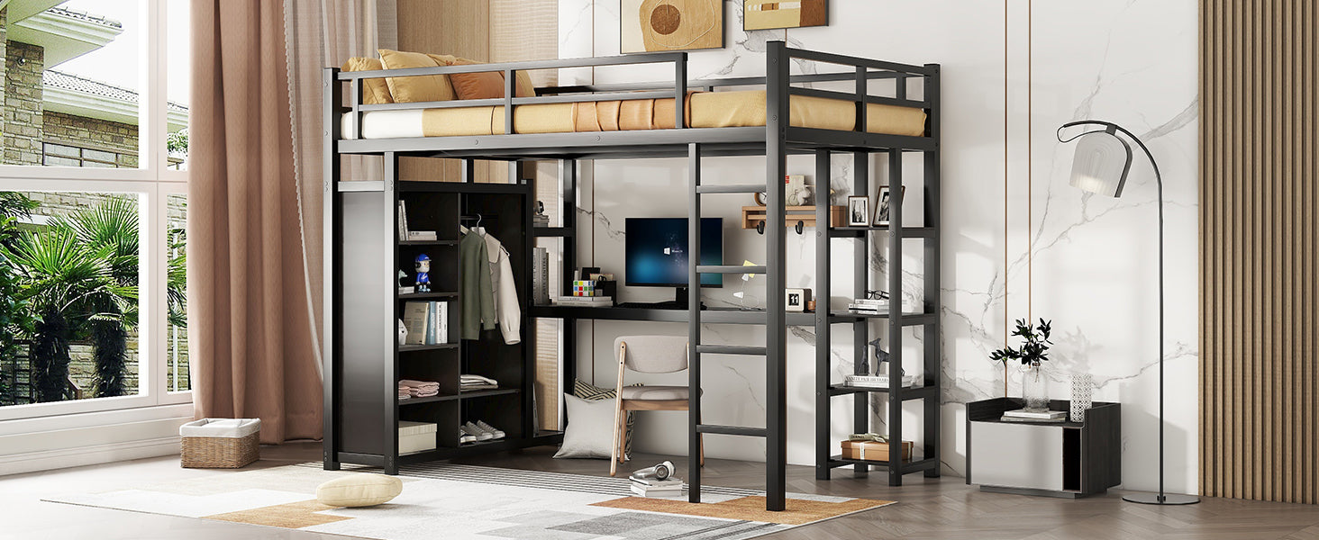 Metal Full Size Loft Bed with Desk,Shelves,Wardrobe, Black