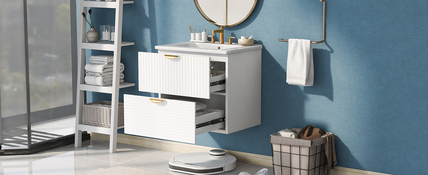 Modern 24-Inch Wall-Mounted Bathroom vanity with 2 Drawers, White - Ideal for Small Bathrooms