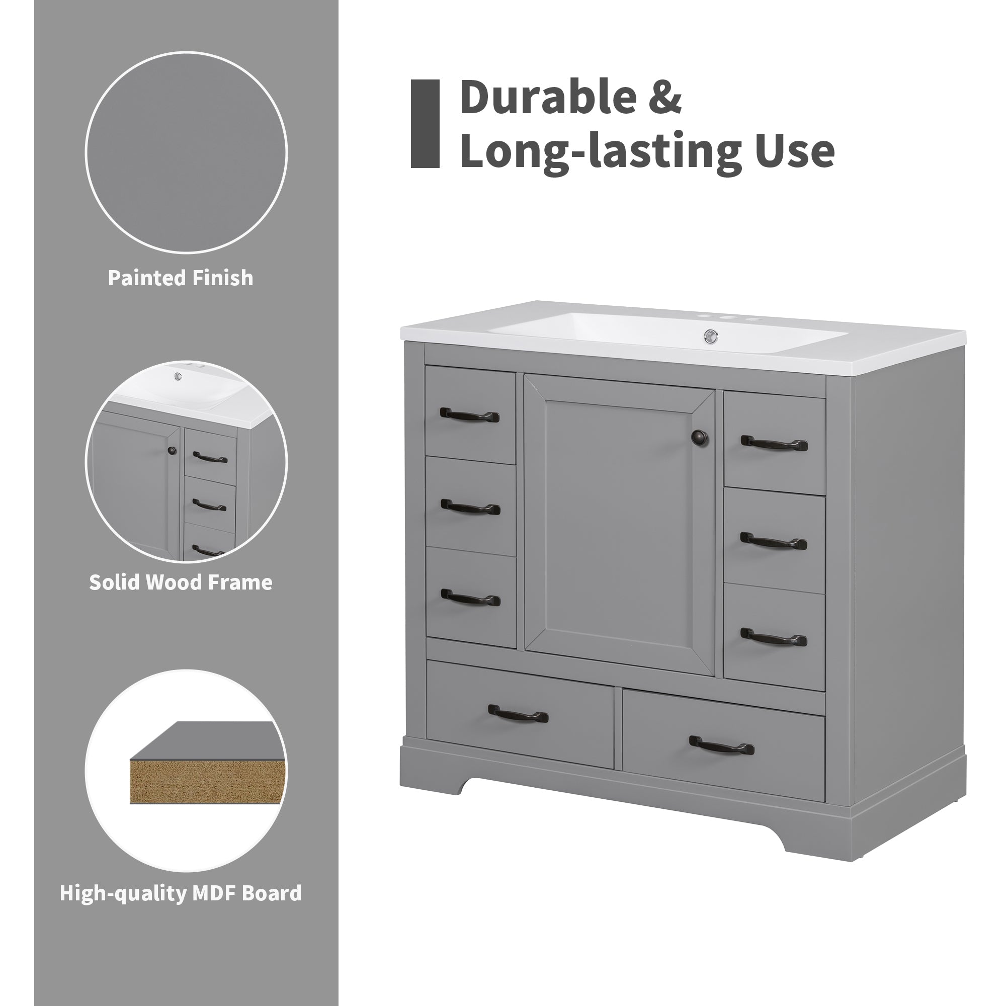 36" Bathroom Vanity without Sink, Cabinet Base Only, Six Drawers, Multi-Functional Drawer Divider, Adjustable Shelf, Grey