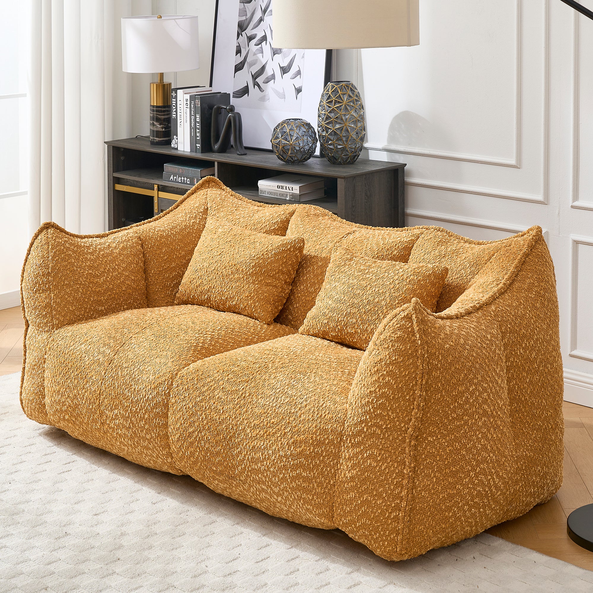 Two-person square foam beanbag recliner sofa, soft gray, front view