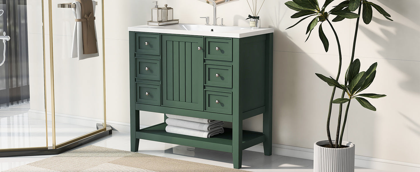 36" Bathroom Vanity with Sink Combo, One Cabinet and Three Drawers, Solid Wood and MDF Board, Green