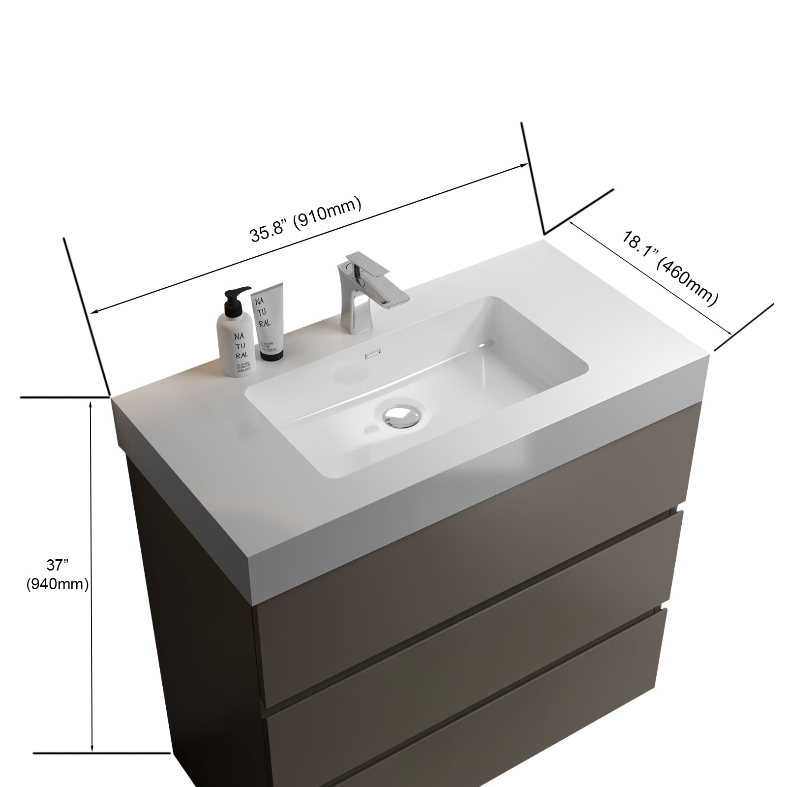 Alice 36" Gray Bathroom Vanity with Sink, Large Storage Freestanding Bathroom Vanity for Modern Bathroom, One-Piece White Sink Basin without Drain and Faucet, Pre-assembled