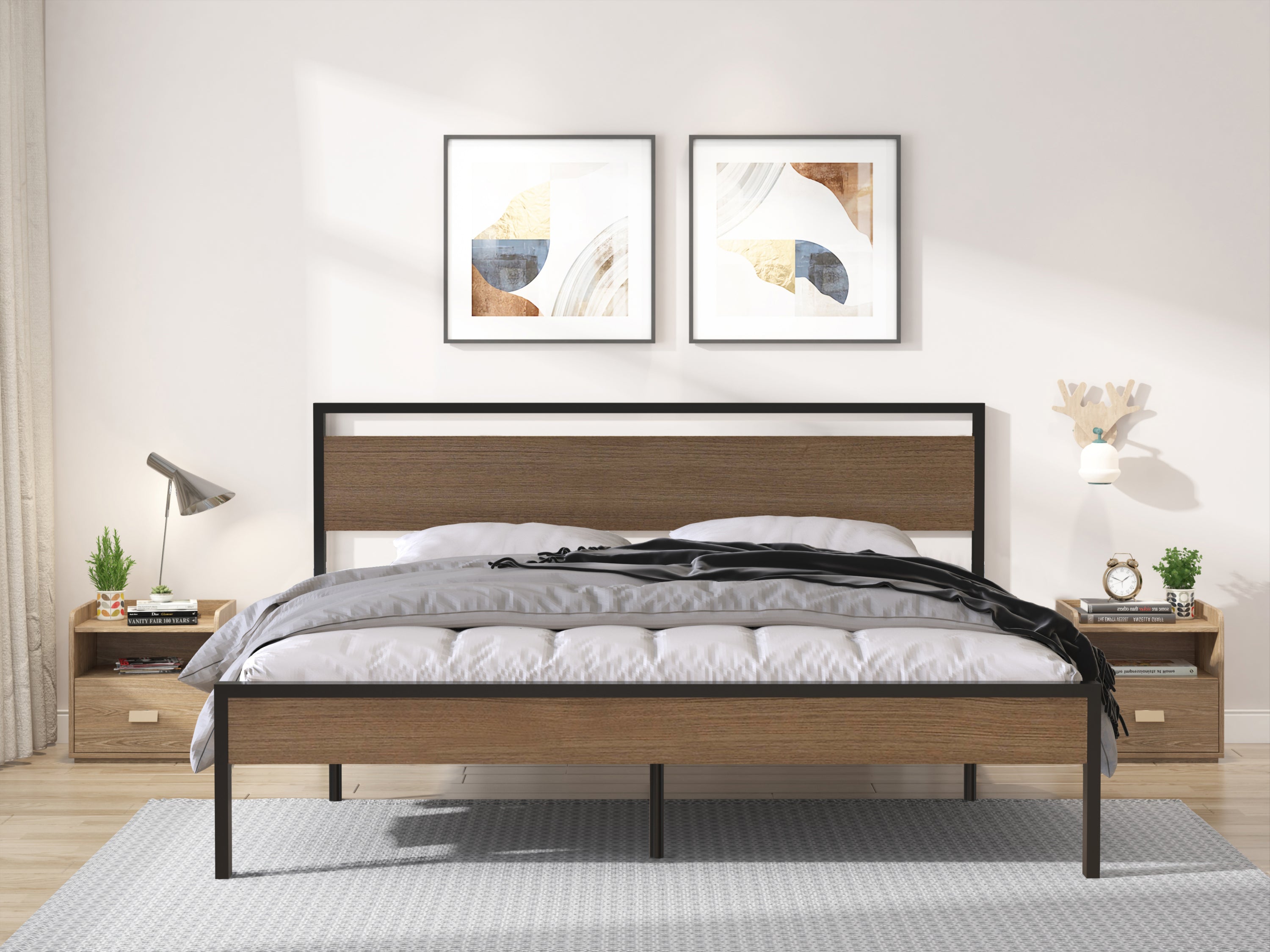 Ceres Metal Bed, Black with Cinnamon Wood Headboard&Footboard, King