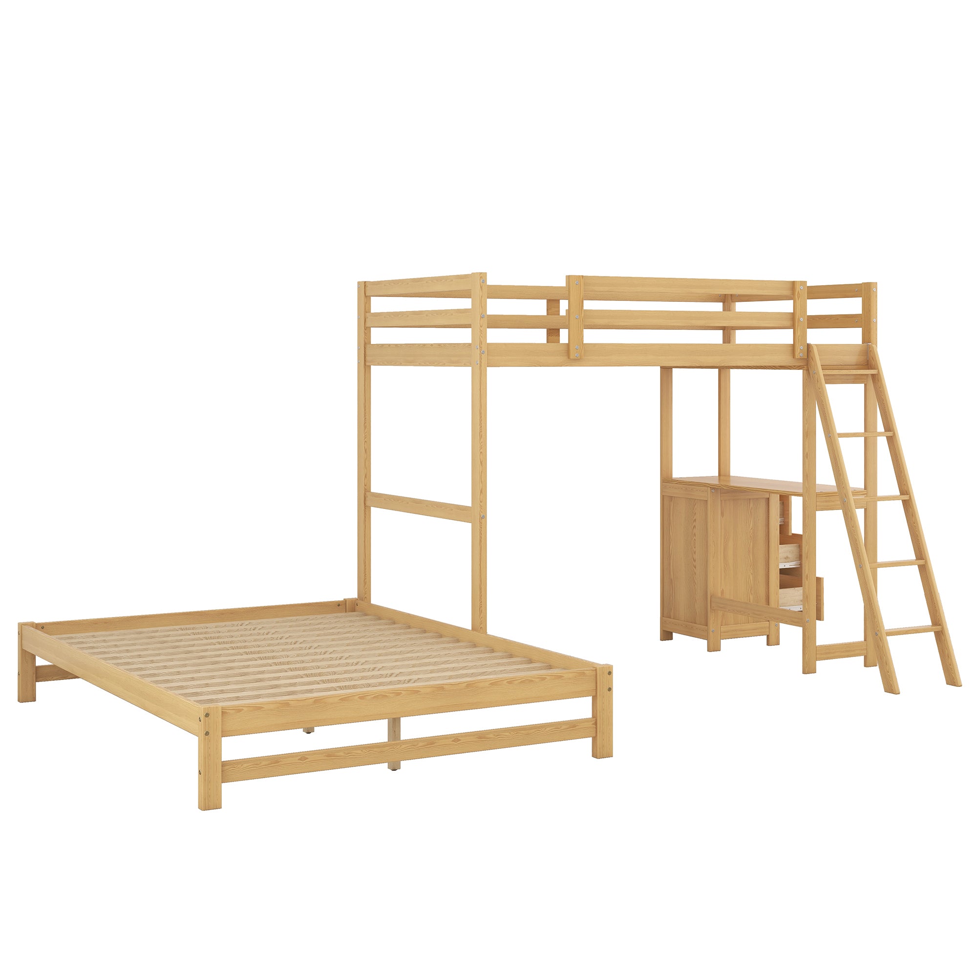 Twin over Full Bunk Bed with Built-in Desk and Three Drawers,Natural(old sku: SM000709AAD)