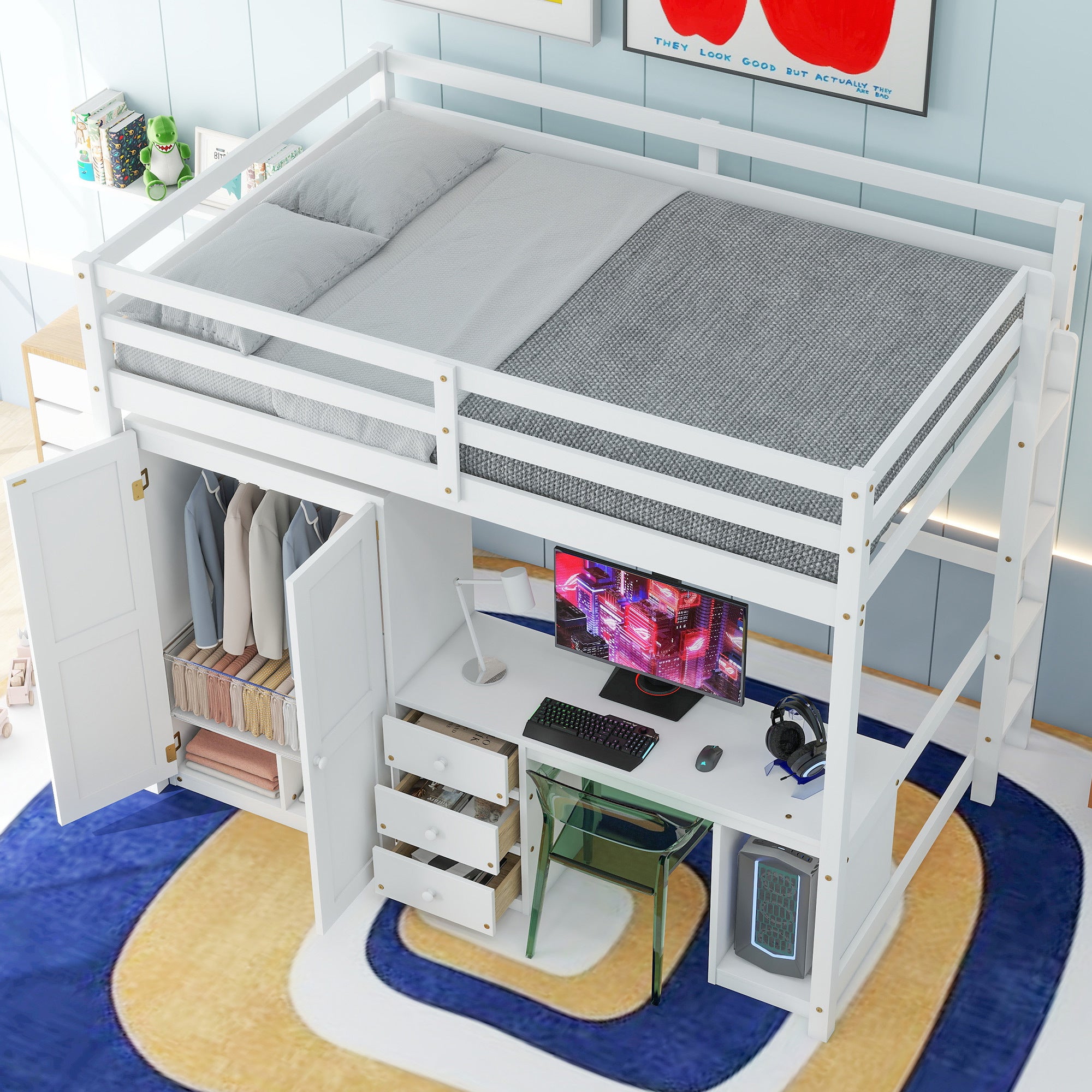 Full Size Loft Bed with Wardrobe, Desk and Storage Drawers, White