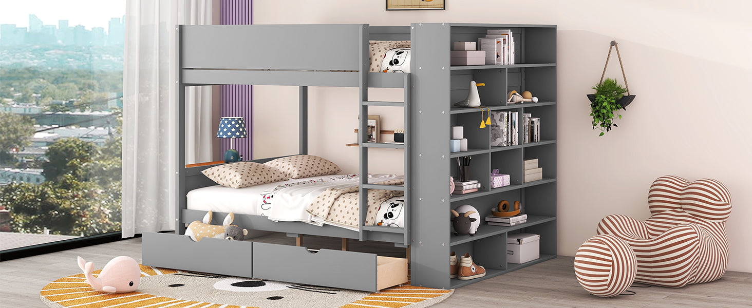 Full over Full Bunk Bed With 2 Drawers and Multi-layer Cabinet, Gray