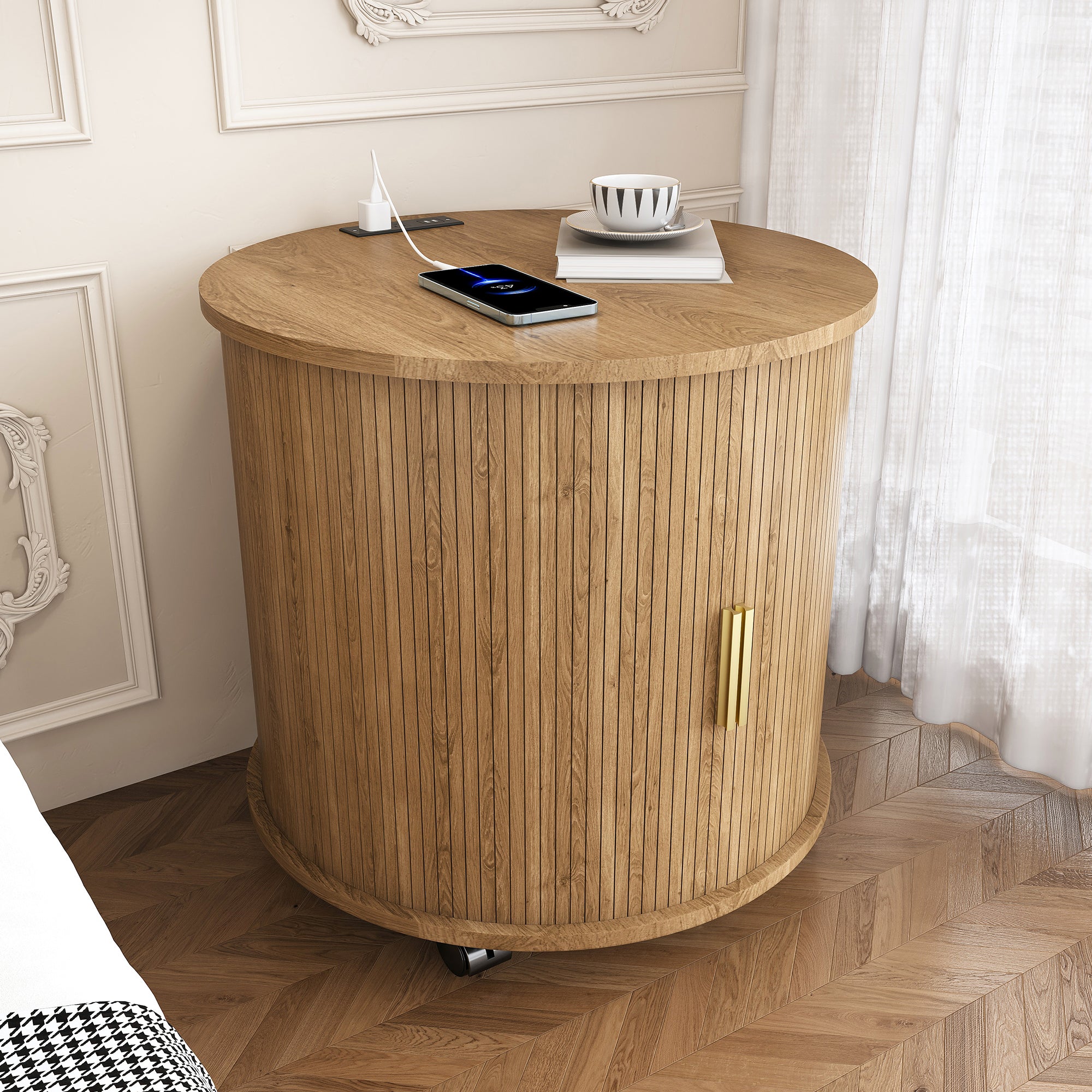 Round nightstand with 2-tier storage and sliding door, angled view