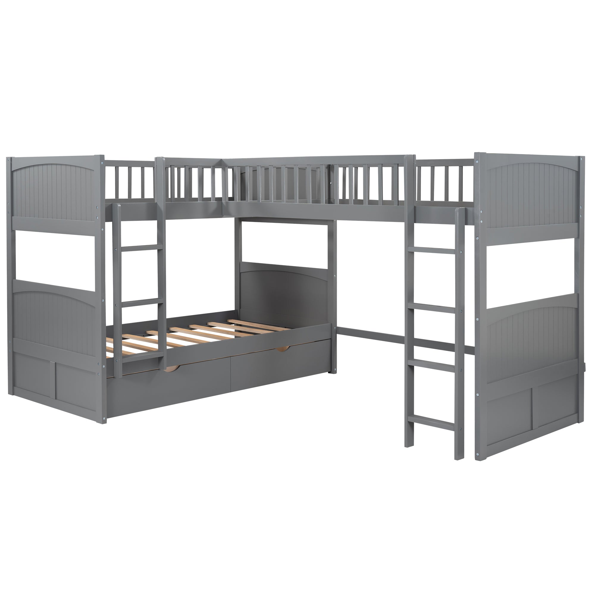 Twin Size Bunk Bed with a Loft Bed attached, with Two Drawers,Gray