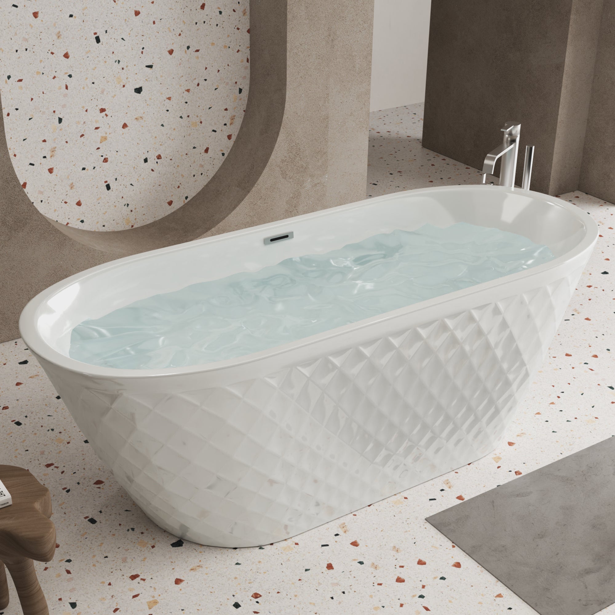 59 inch oval freestanding soaking tub, gloss white, side profile view