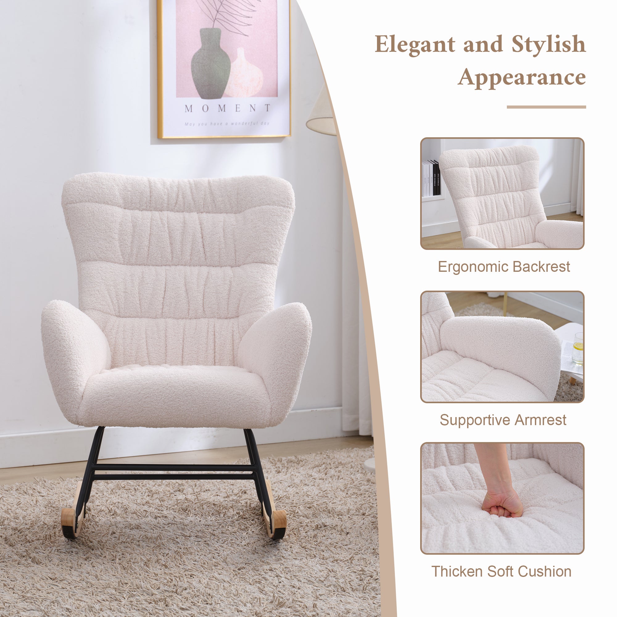 Nursery Rocking Chair, Teddy Upholstered Glider Rocker, Rocking Accent Chair with High Backrest, Comfy Rocking Accent Armchair for Living Room, Bedroom, Offices, WHITE