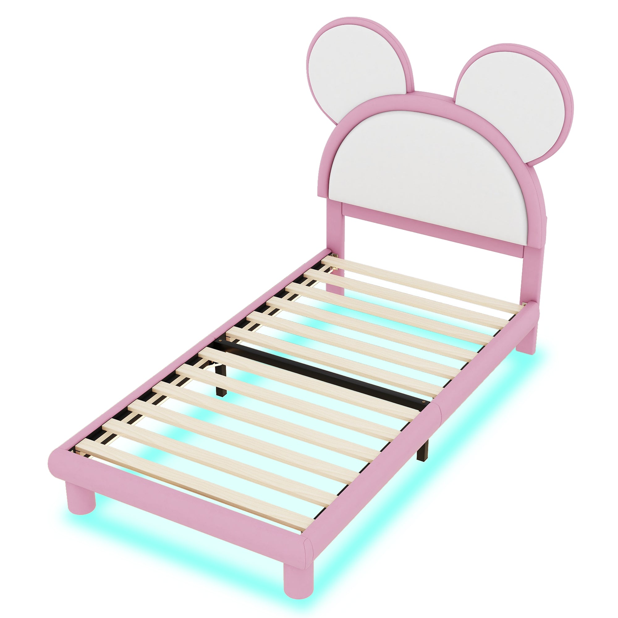 Twin Size Upholstered Platform Bed with Cartoon Ears Shaped Headboard and LED, White&Pink