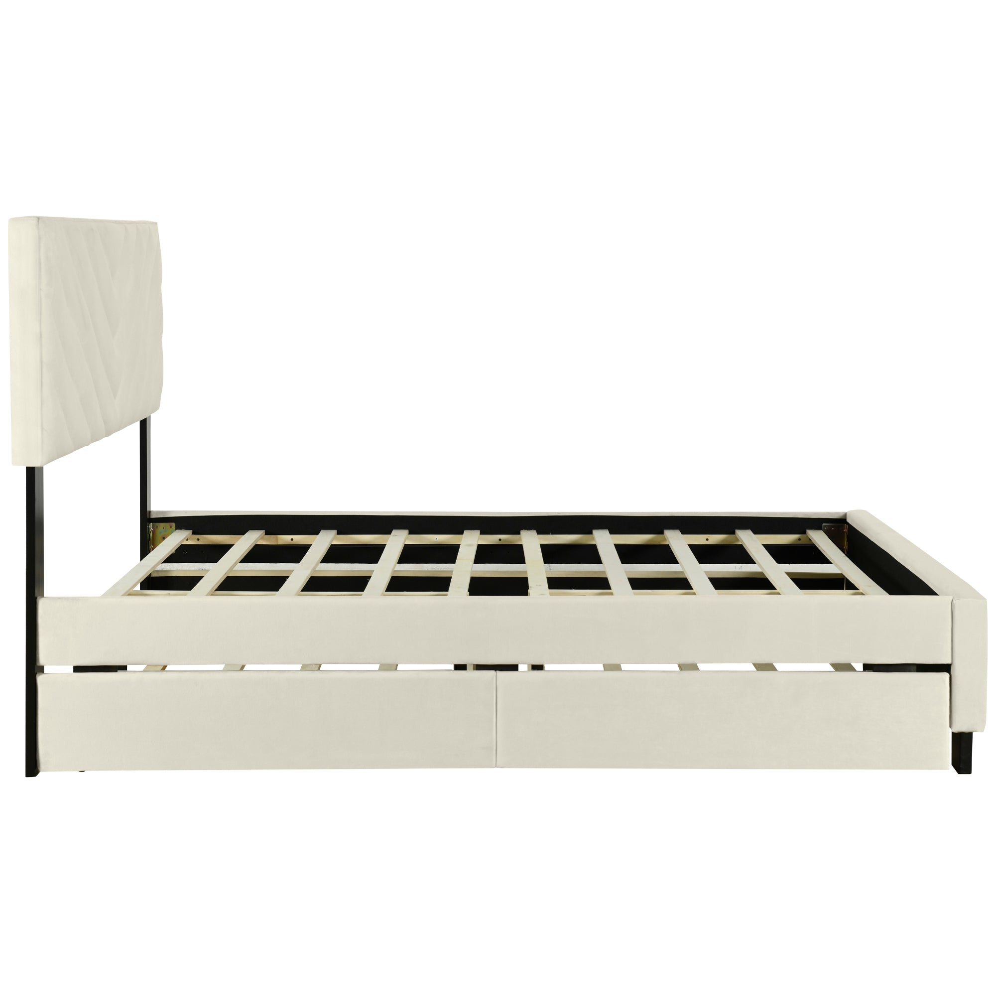 Queen Size Upholstered Platform Bed with Twill Headboard, Pullout Bed and Two Drawers, Flannel, Beige