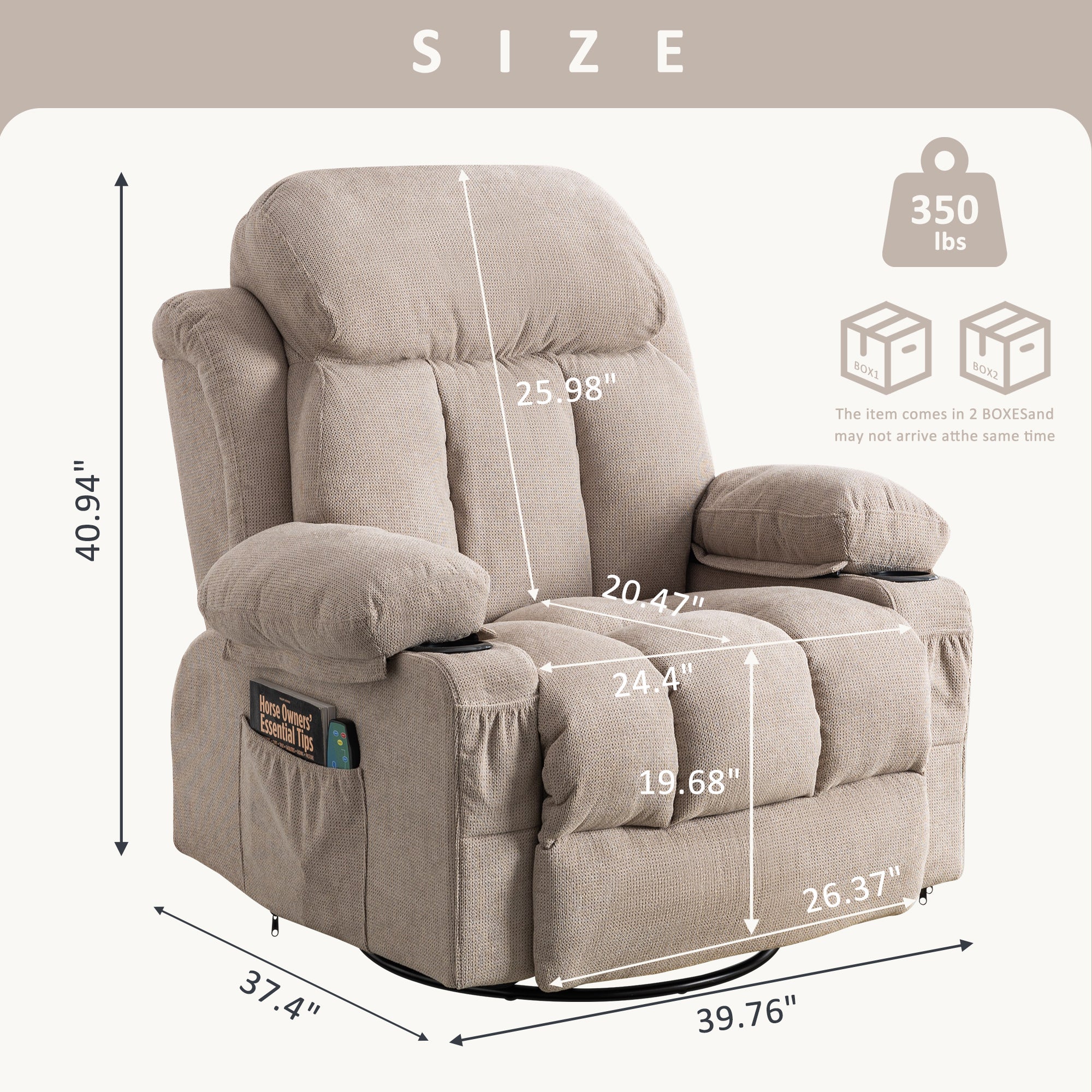 Vanbow.Swinging recliner massage heated sofa, with USB and 2 cup holders in side pockets, PackageA and B (Beige  fabric)