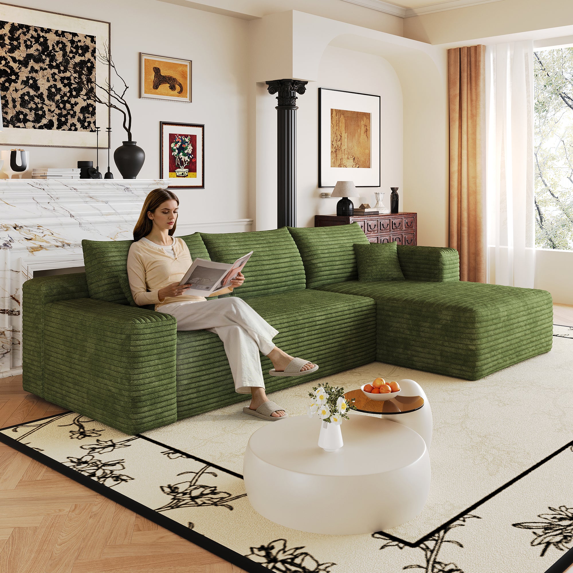 Green corduroy sectional sofa, deep-seat cloud design, angled view